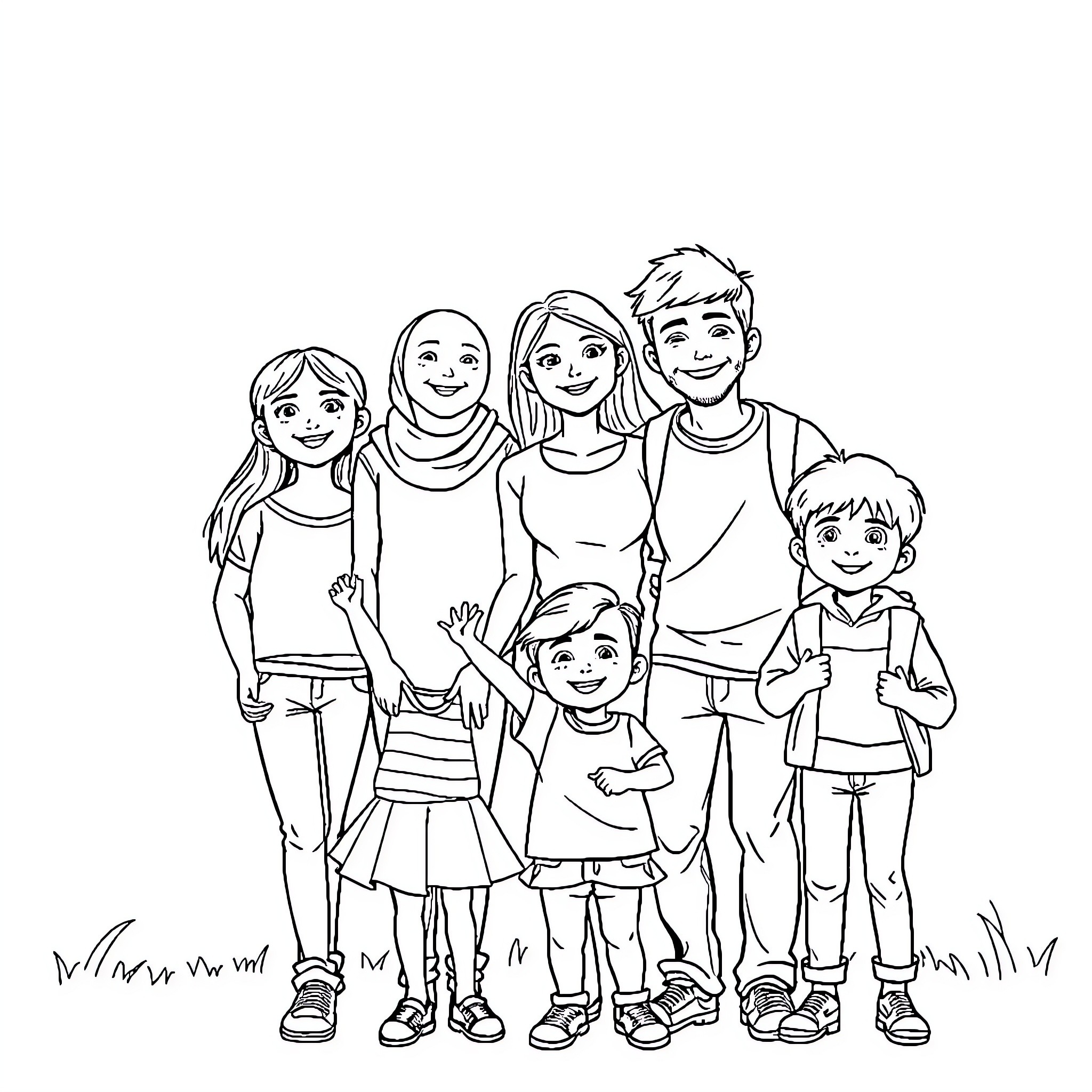 Family Outing with Smiling Children Coloring Page (free black-and-white line drawing printable PDF for all, from beginners to advanced learners, including children, teens, adults, and seniors)