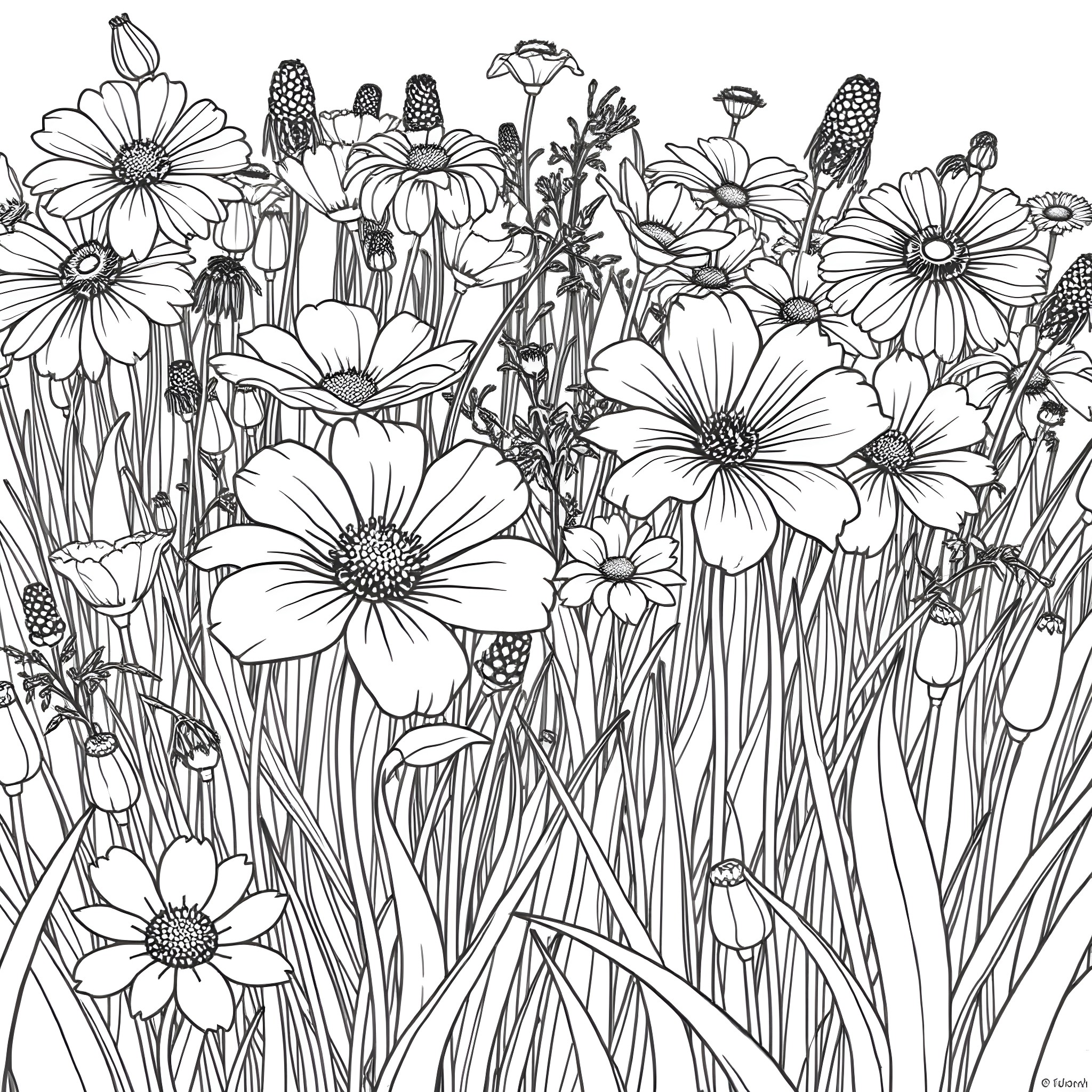 Flower field with blooming daisies and wild plants Coloring Page (free black-and-white line drawing printable PDF for all, from beginners to advanced learners, including children, teens, adults, and seniors)
