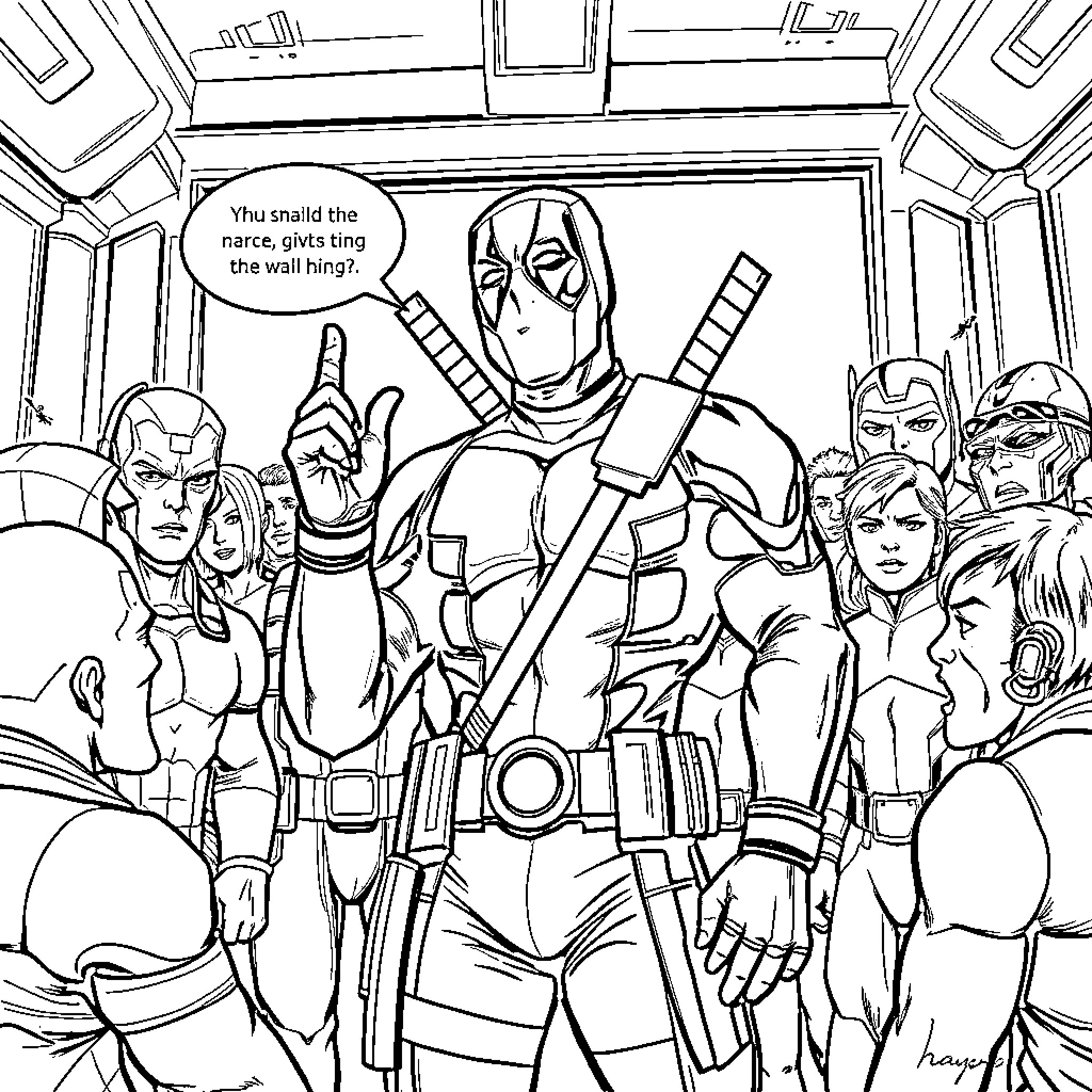 Deadpool rallies a team of superheroes Coloring Page (free black-and-white line drawing printable PDF for all, from beginners to advanced learners, including children, teens, adults, and seniors)