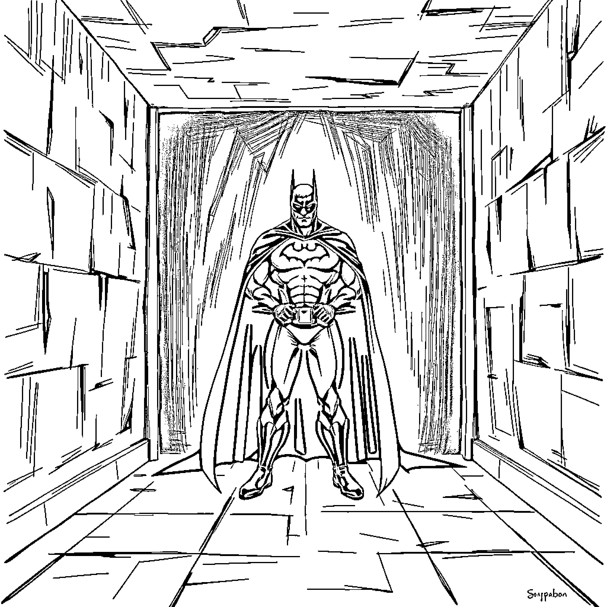 Batman standing heroically in a dark, dramatic corridor Coloring Page (free black-and-white line drawing printable PDF for all, from beginners to advanced learners, including children, teens, adults, and seniors)