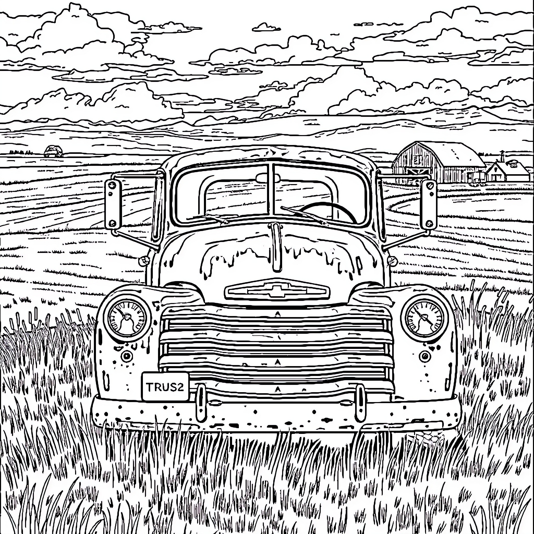 Truck parked in a rural farm landscape Coloring Page (free black-and-white line drawing printable PDF for all, from beginners to advanced learners, including children, teens, adults, and seniors)