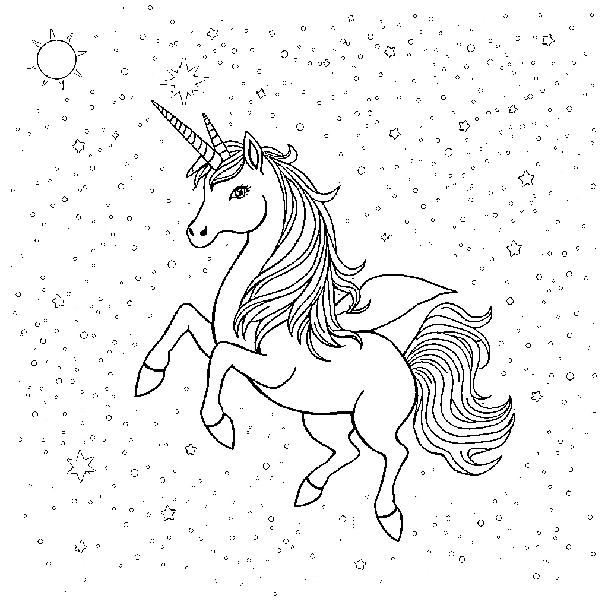 Unicorn gracefully leaping among twinkling stars Coloring Page (free black-and-white line drawing printable PDF for all, from beginners to advanced learners, including children, teens, adults, and seniors)