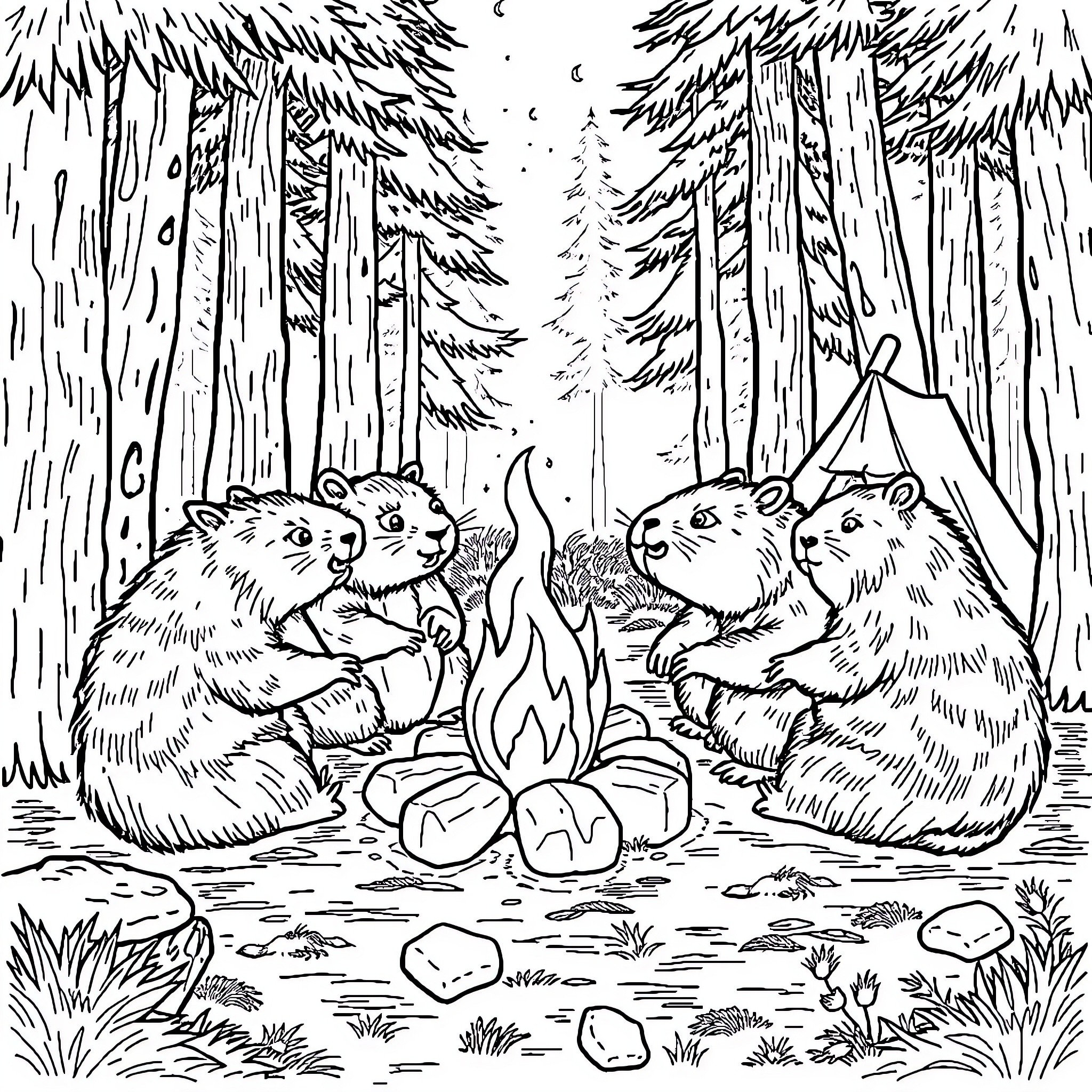 Capybara Companions Camping in the Cozy Coniferous Woods Coloring Page (free black-and-white line drawing printable PDF for all, from beginners to advanced learners, including children, teens, adults, and seniors)