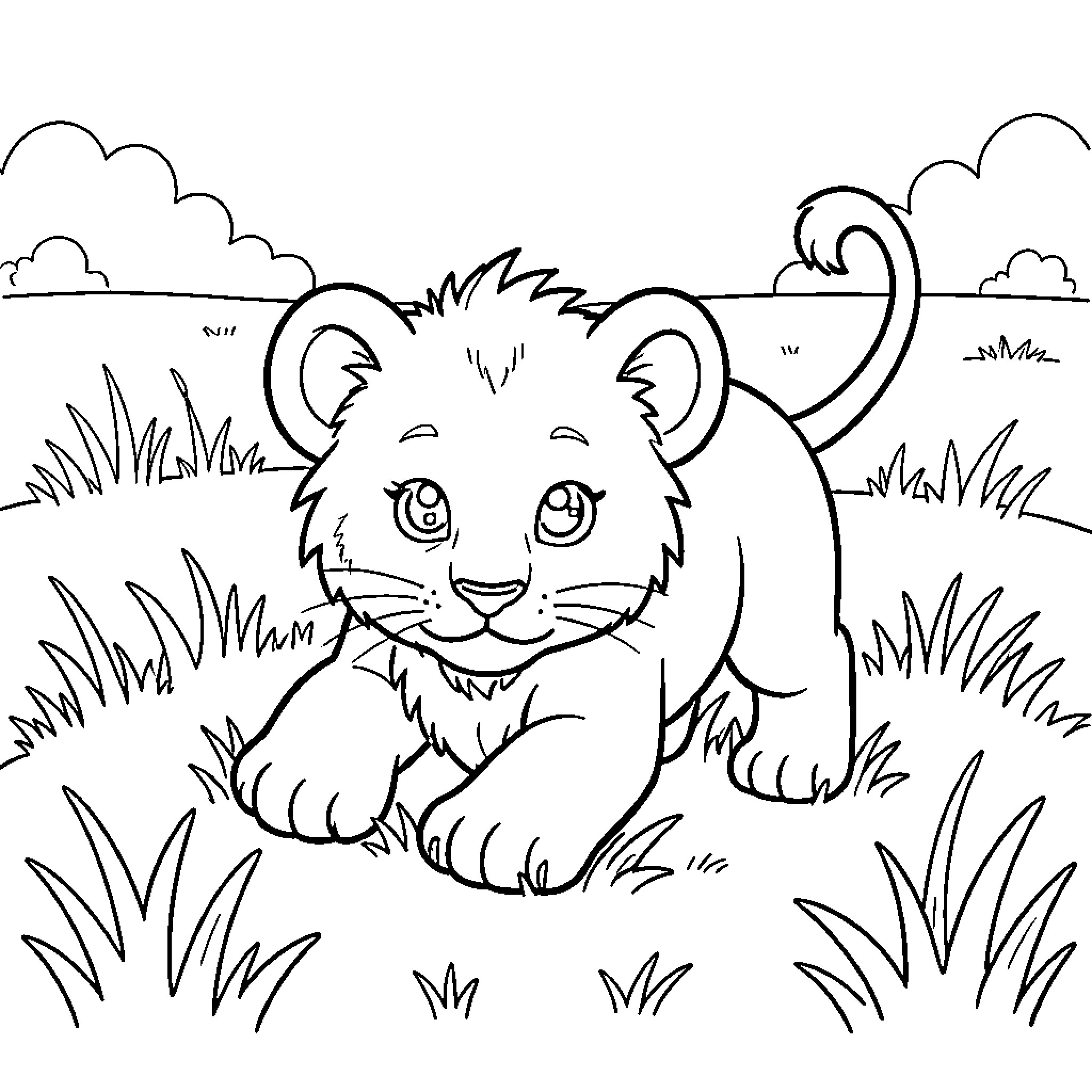 Lion cub exploring the grassy plains Coloring Page (free black-and-white line drawing printable PDF for all, from beginners to advanced learners, including children, teens, adults, and seniors)