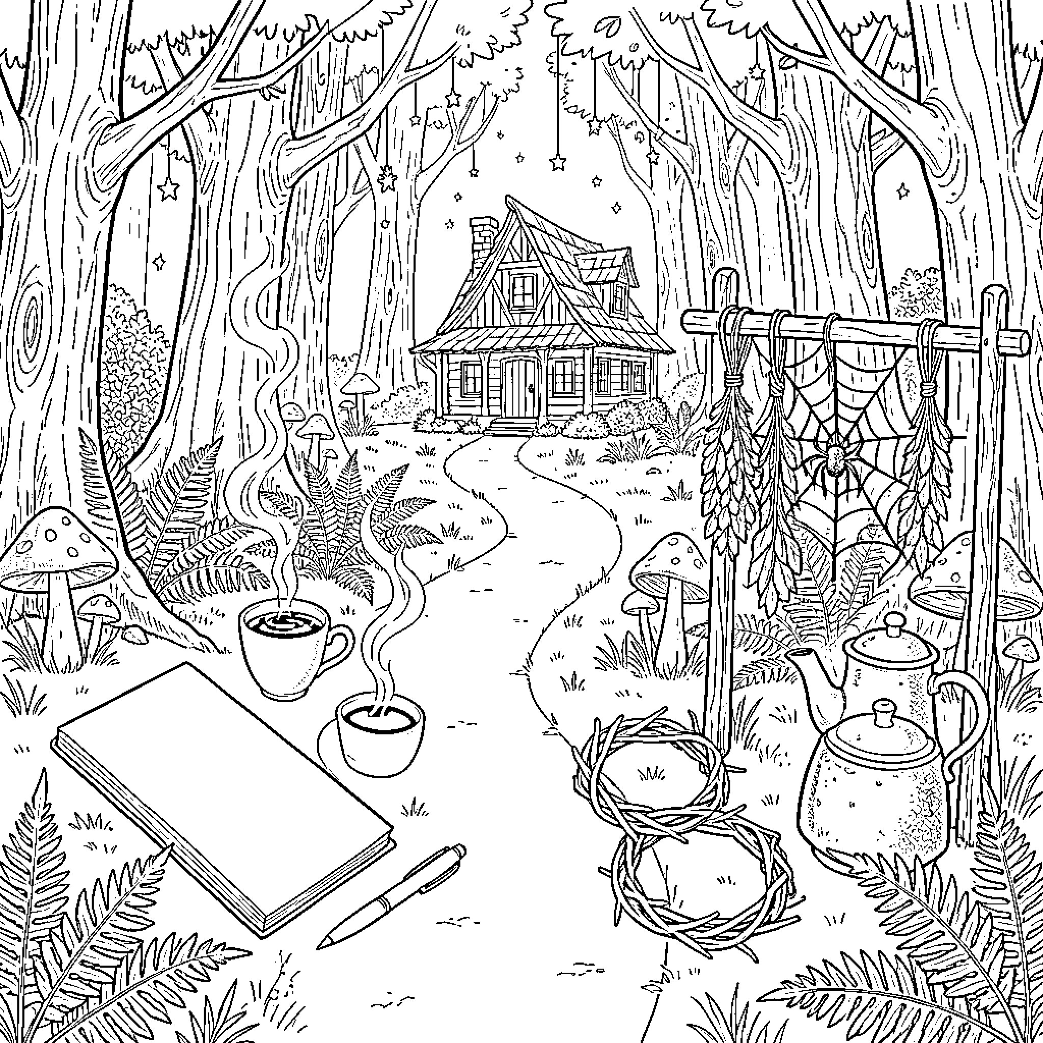 Journalist and Witch setting a scene in a forest Coloring Page (free black-and-white line drawing printable PDF for all, from beginners to advanced learners, including children, teens, adults, and seniors)