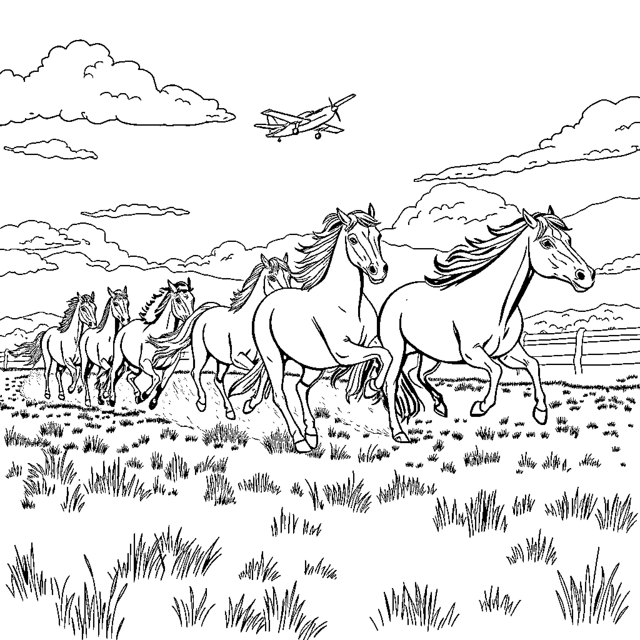 Horse herd galloping across open field Coloring Page (free black-and-white line drawing printable PDF for all, from beginners to advanced learners, including children, teens, adults, and seniors)