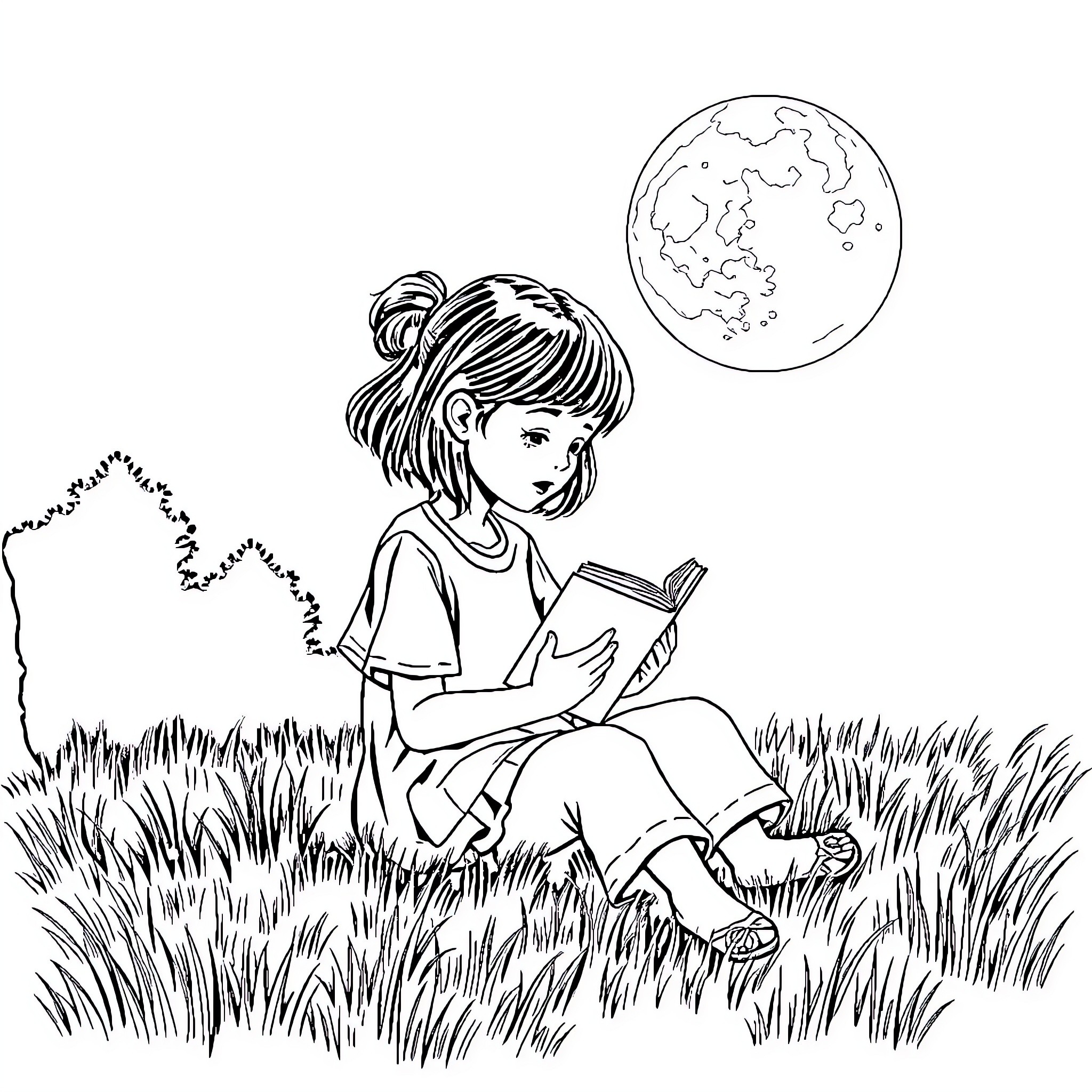 Girl reading a book under the moonlight Coloring Page (free black-and-white line drawing printable PDF for all, from beginners to advanced learners, including children, teens, adults, and seniors)