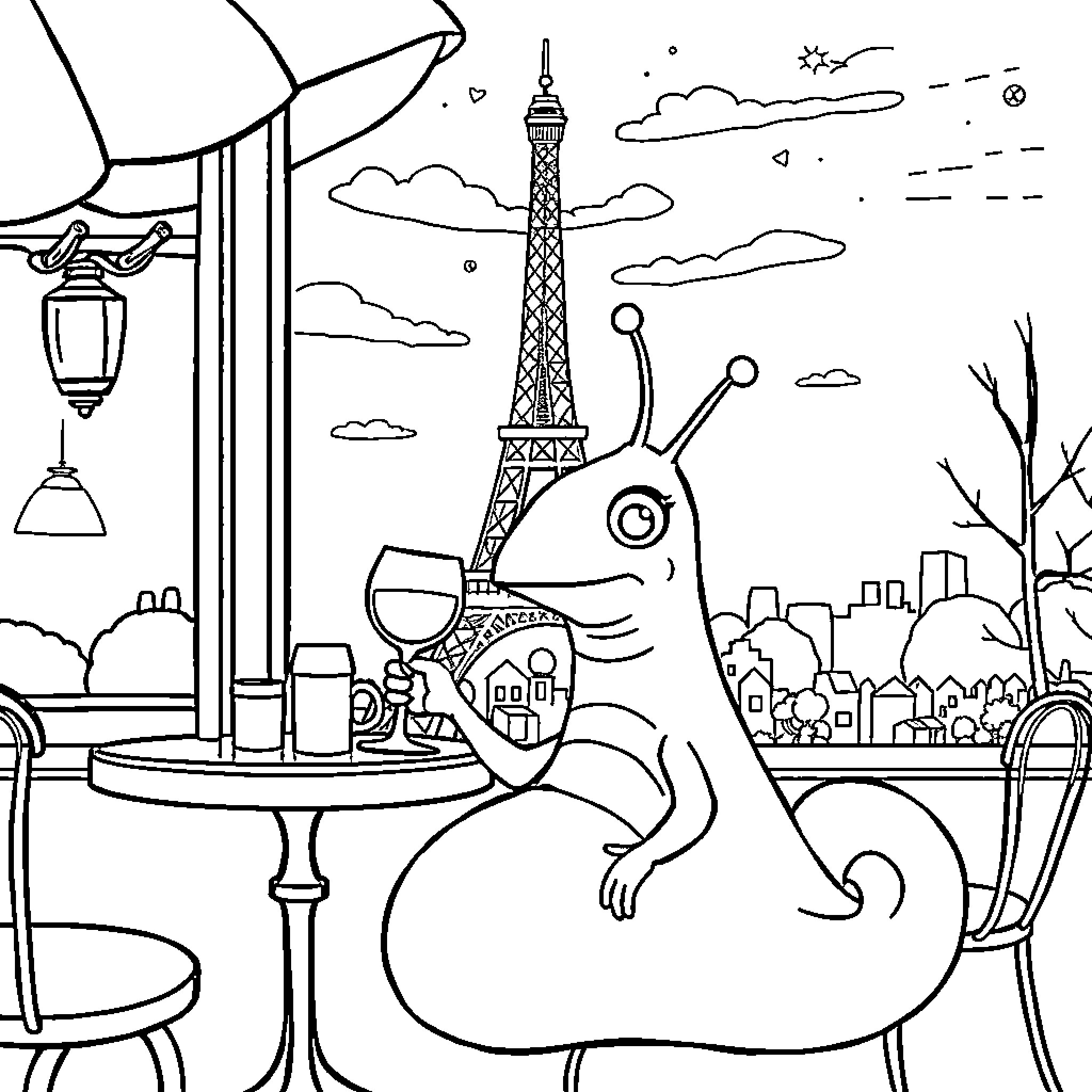 Alien Enjoying a Night Out in Paris Coloring Page (free black-and-white line drawing printable PDF for all, from beginners to advanced learners, including children, teens, adults, and seniors)