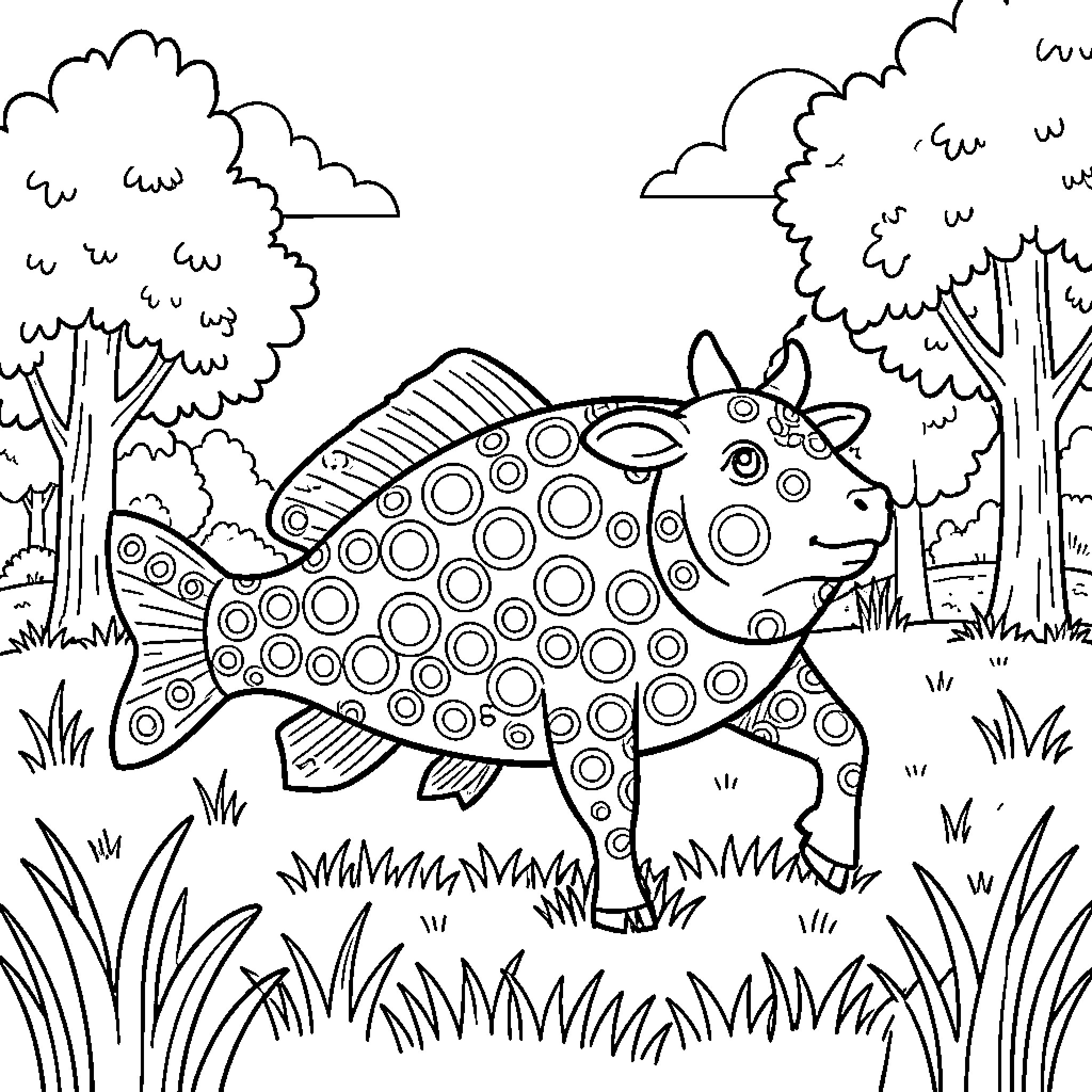 Fish creature walking through a grassy field Coloring Page (free black-and-white line drawing printable PDF for all, from beginners to advanced learners, including children, teens, adults, and seniors)