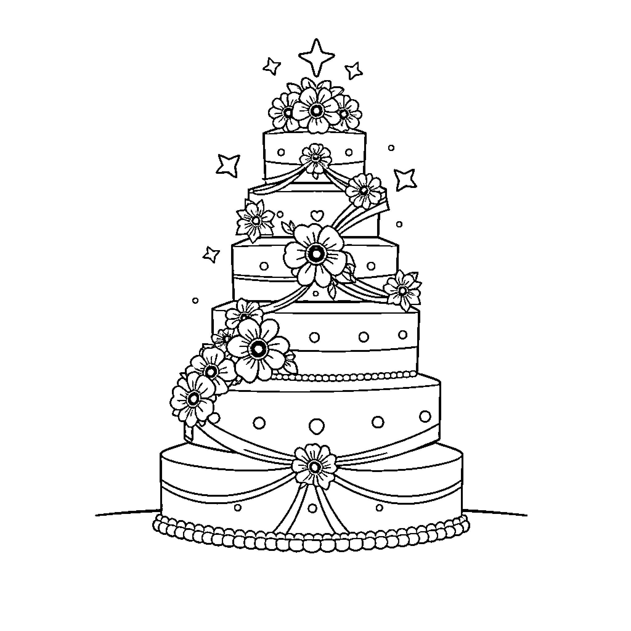Wedding Cake with Floral Decorations and Stars Coloring Page (free black-and-white line drawing printable PDF for all, from beginners to advanced learners, including children, teens, adults, and seniors)