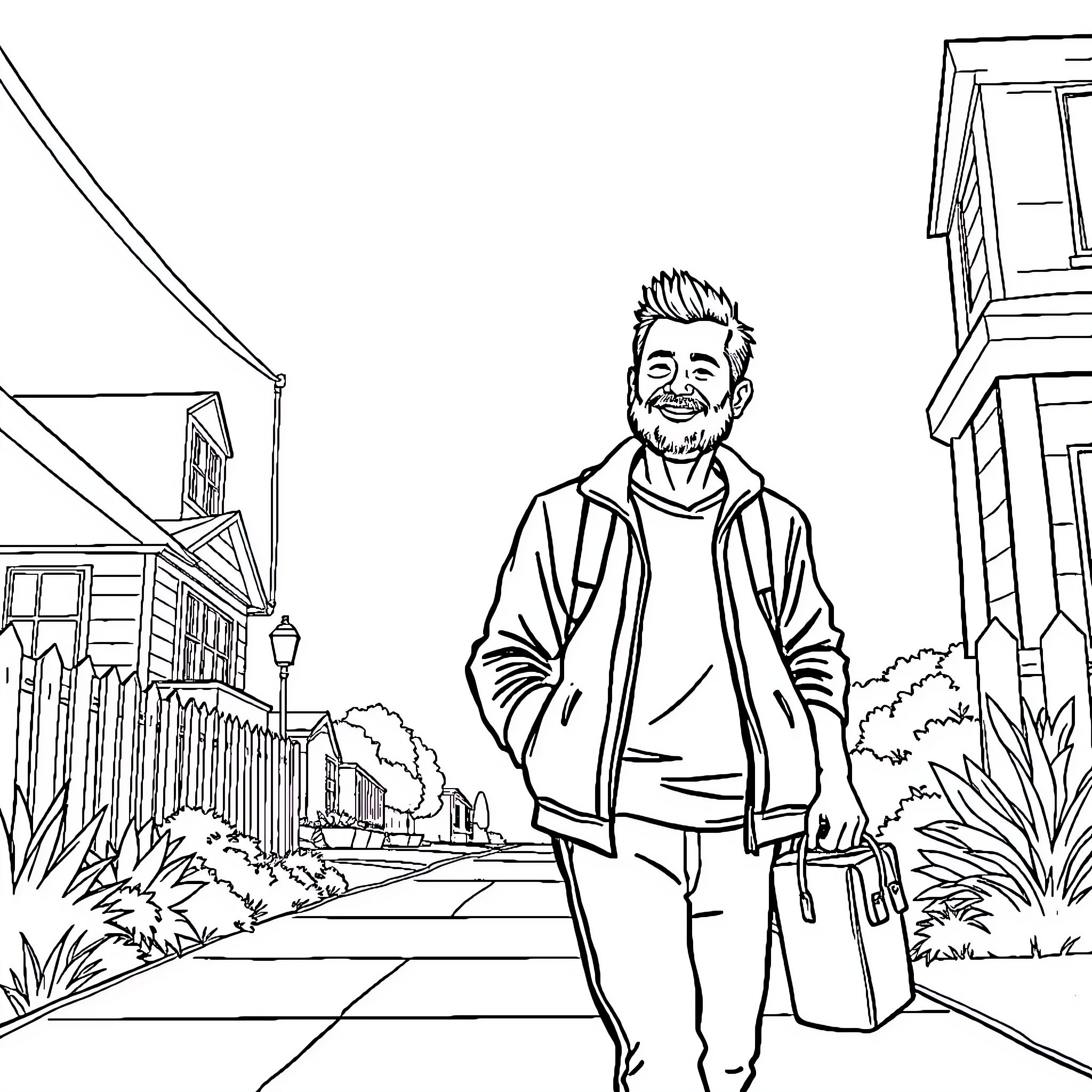 John Cean walking down the street carrying a bag Coloring Page (free black-and-white line drawing printable PDF for all, from beginners to advanced learners, including children, teens, adults, and seniors)