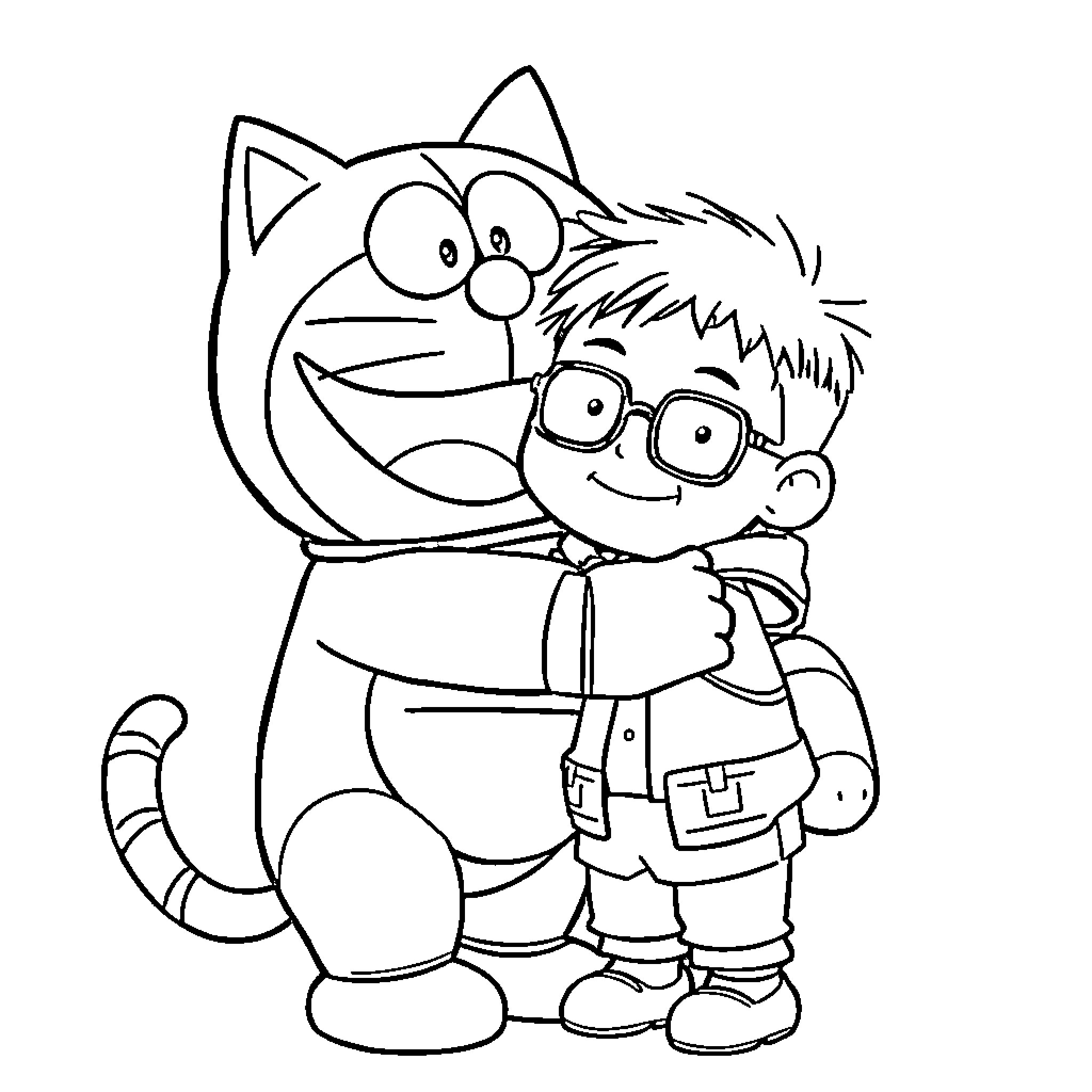 Doraemon and boy in school uniform Coloring Page (free black-and-white line drawing printable PDF for all, from beginners to advanced learners, including children, teens, adults, and seniors)
