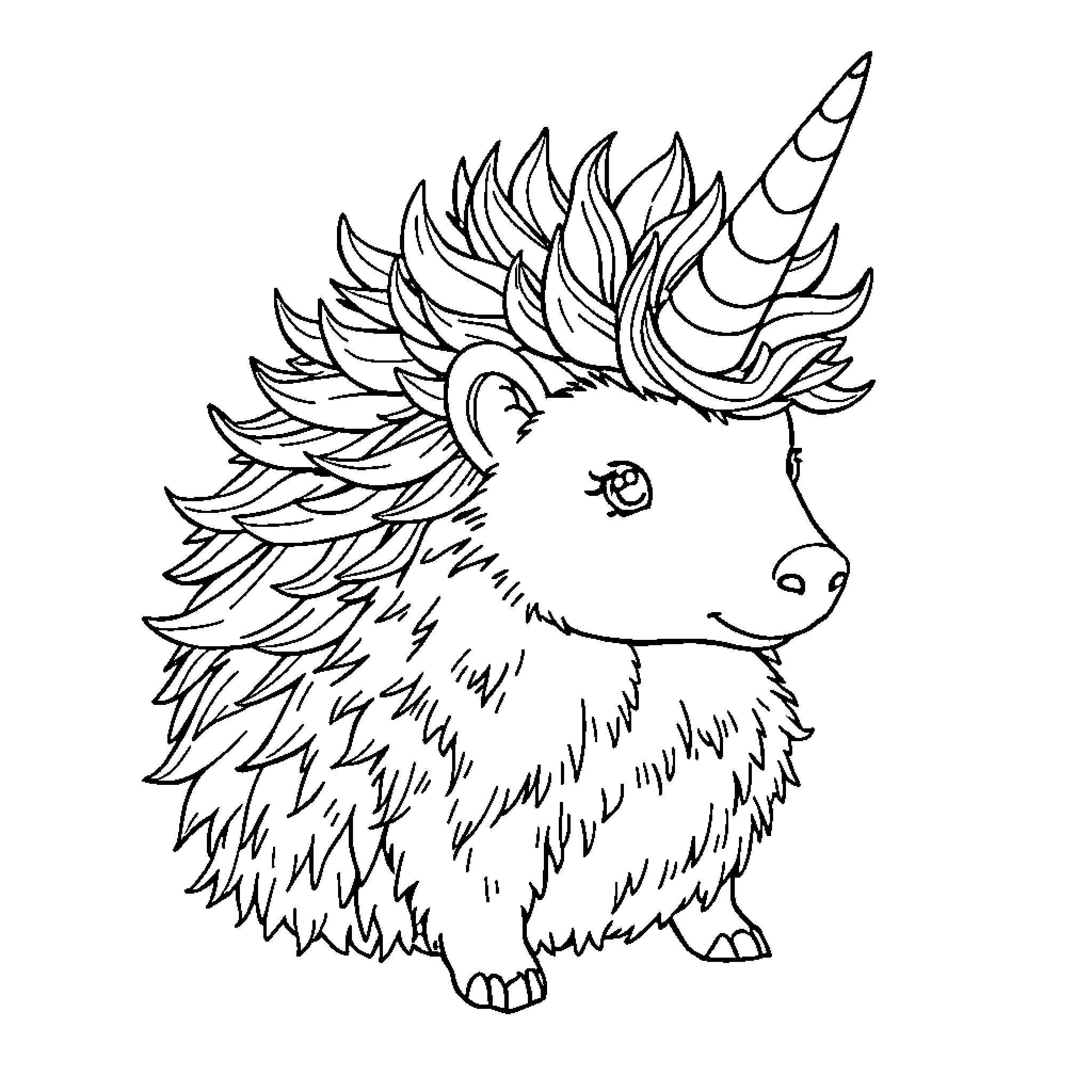 Unicorn-like creature with expressive features Coloring Page (free black-and-white line drawing printable PDF for all, from beginners to advanced learners, including children, teens, adults, and seniors)