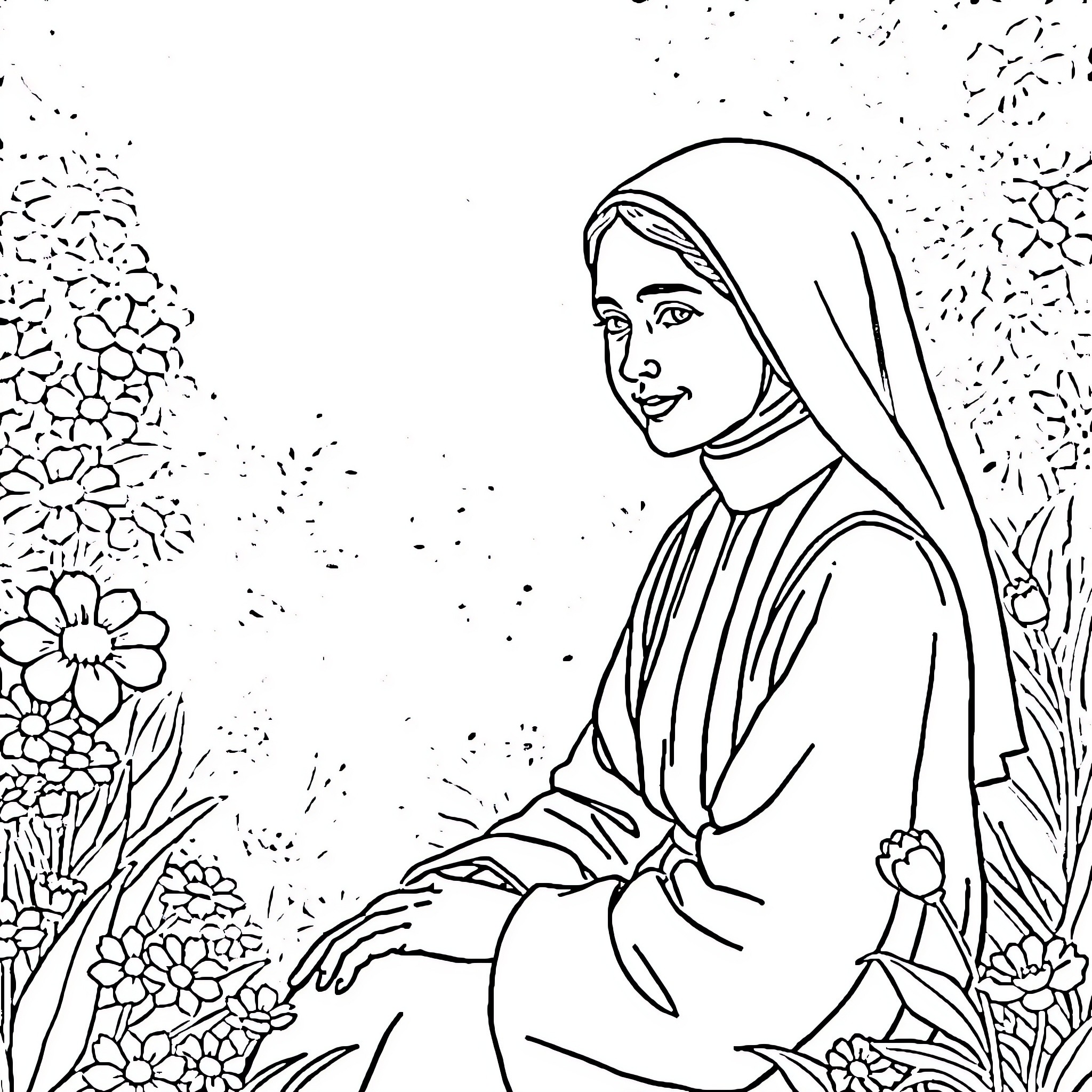 St. Therese praying amidst flowers Coloring Page (free black-and-white line drawing printable PDF for all, from beginners to advanced learners, including children, teens, adults, and seniors)