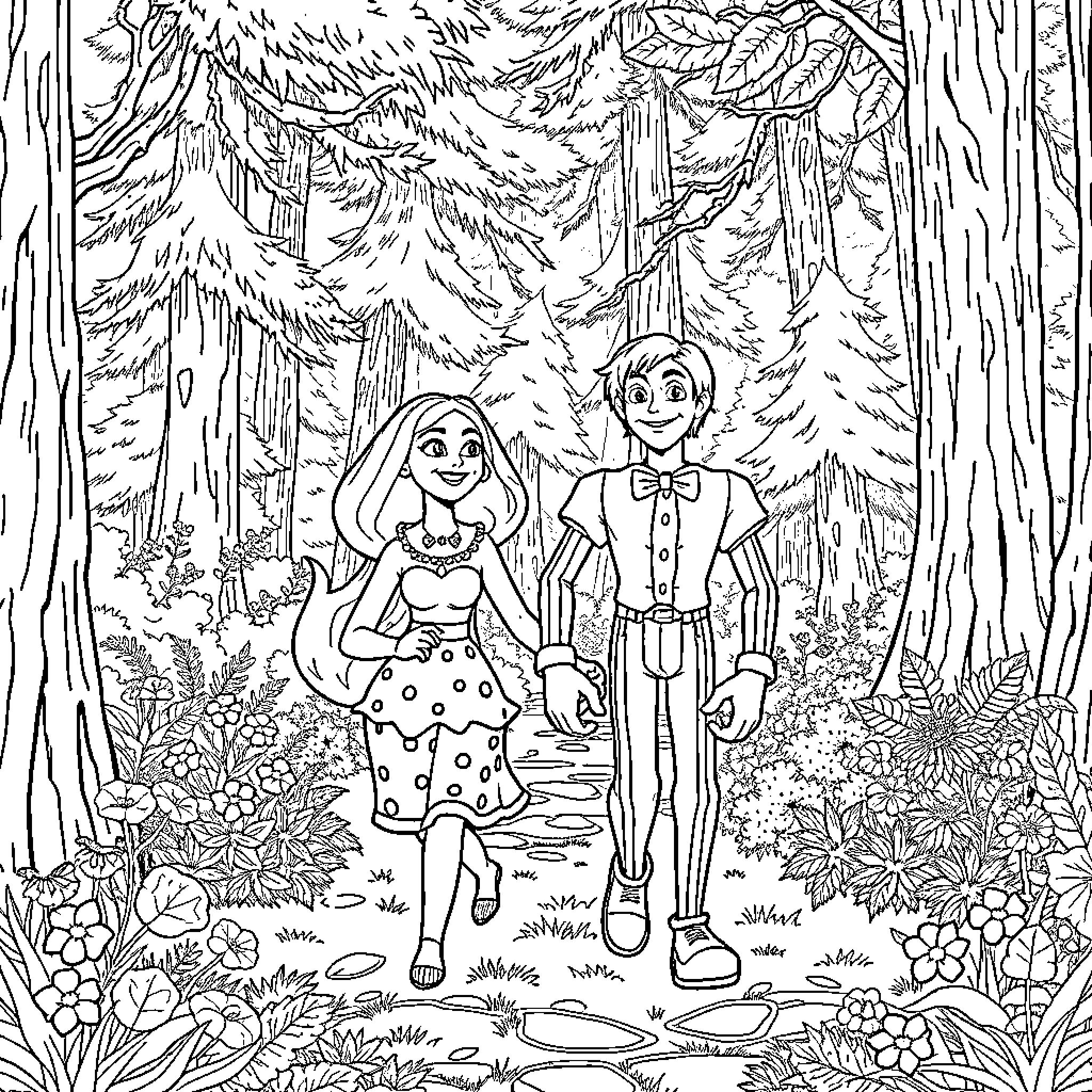 Doby's Whimsical Forest Adventure Coloring Page (free black-and-white line drawing printable PDF for all, from beginners to advanced learners, including children, teens, adults, and seniors)