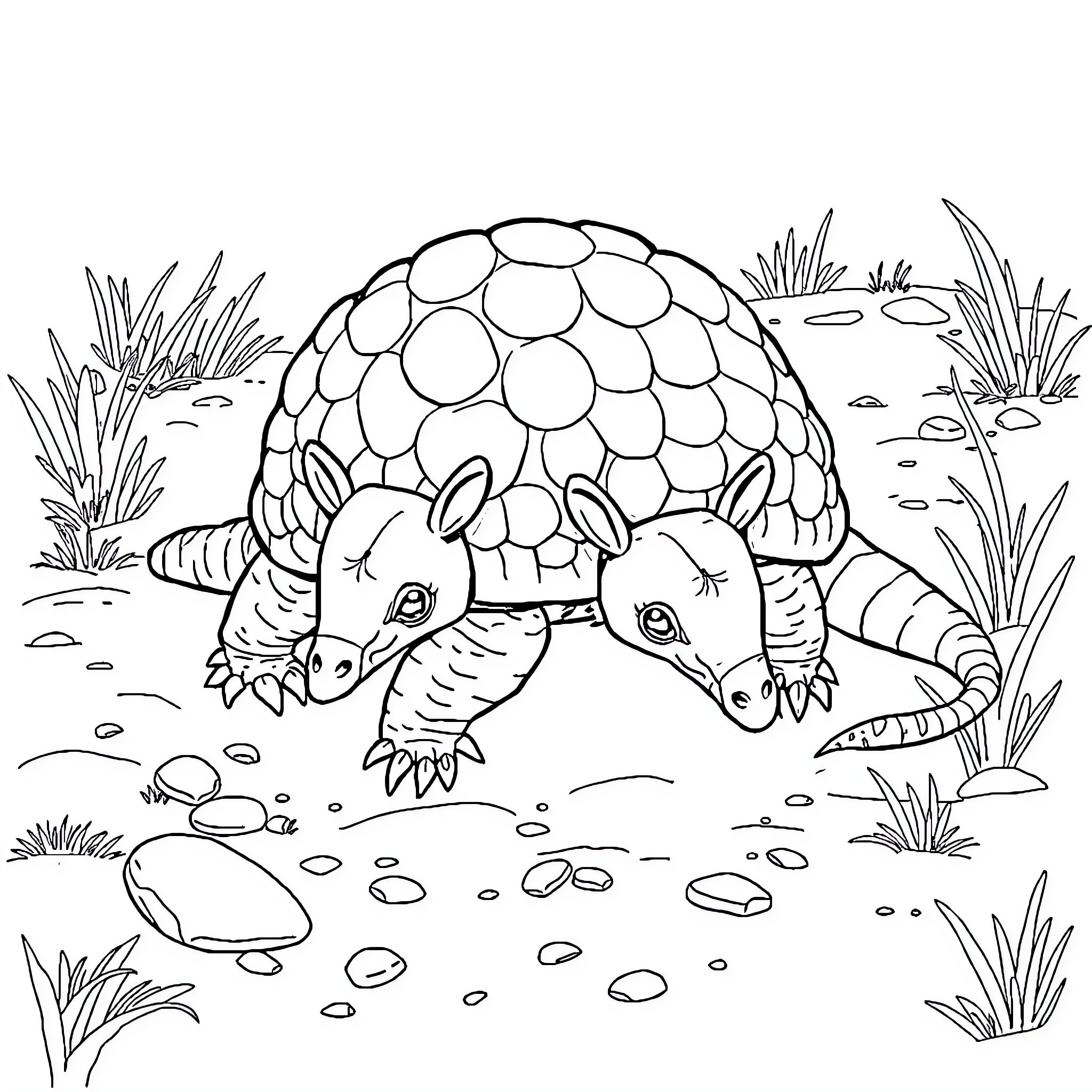 Armadillo exploring the outdoors Coloring Page (free black-and-white line drawing printable PDF for all, from beginners to advanced learners, including children, teens, adults, and seniors)