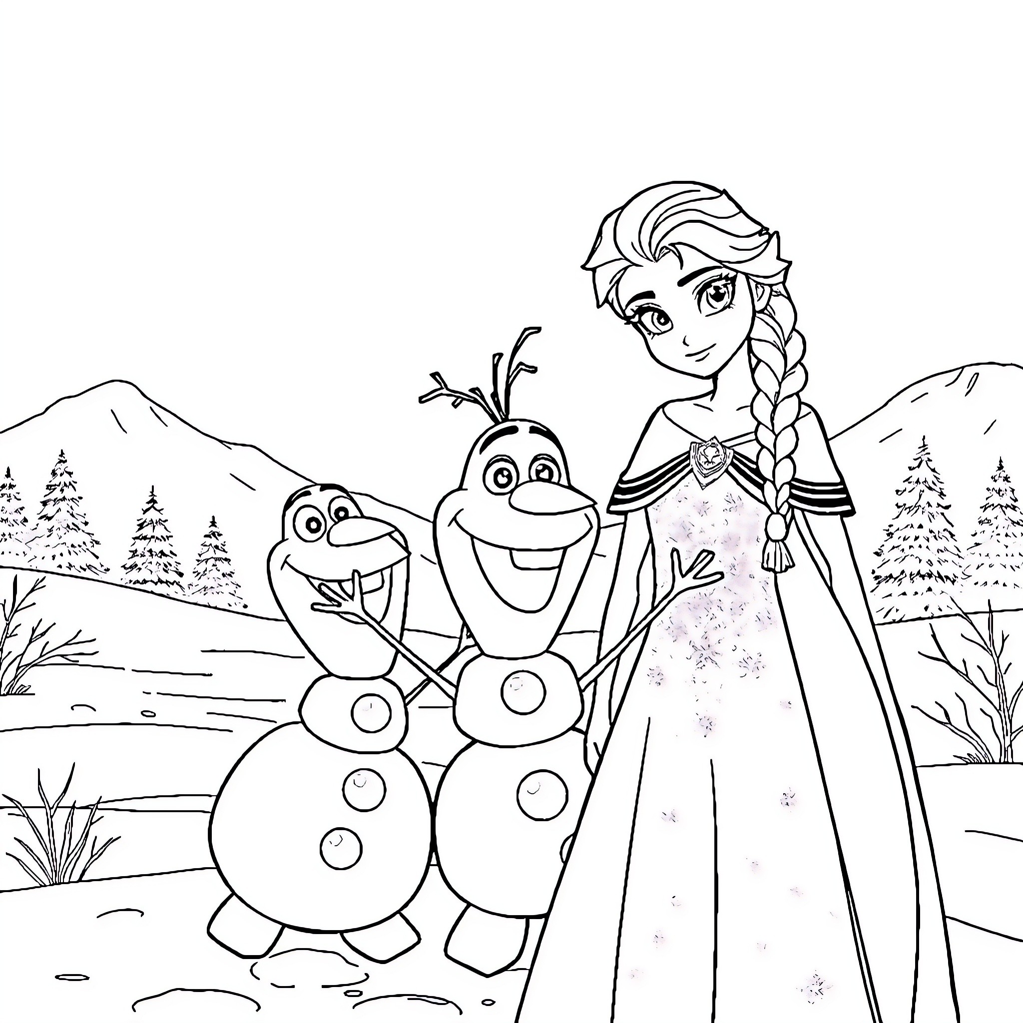 Elsa and Olaf enjoying a winter wonderland Coloring Page (free black-and-white line drawing printable PDF for all, from beginners to advanced learners, including children, teens, adults, and seniors)