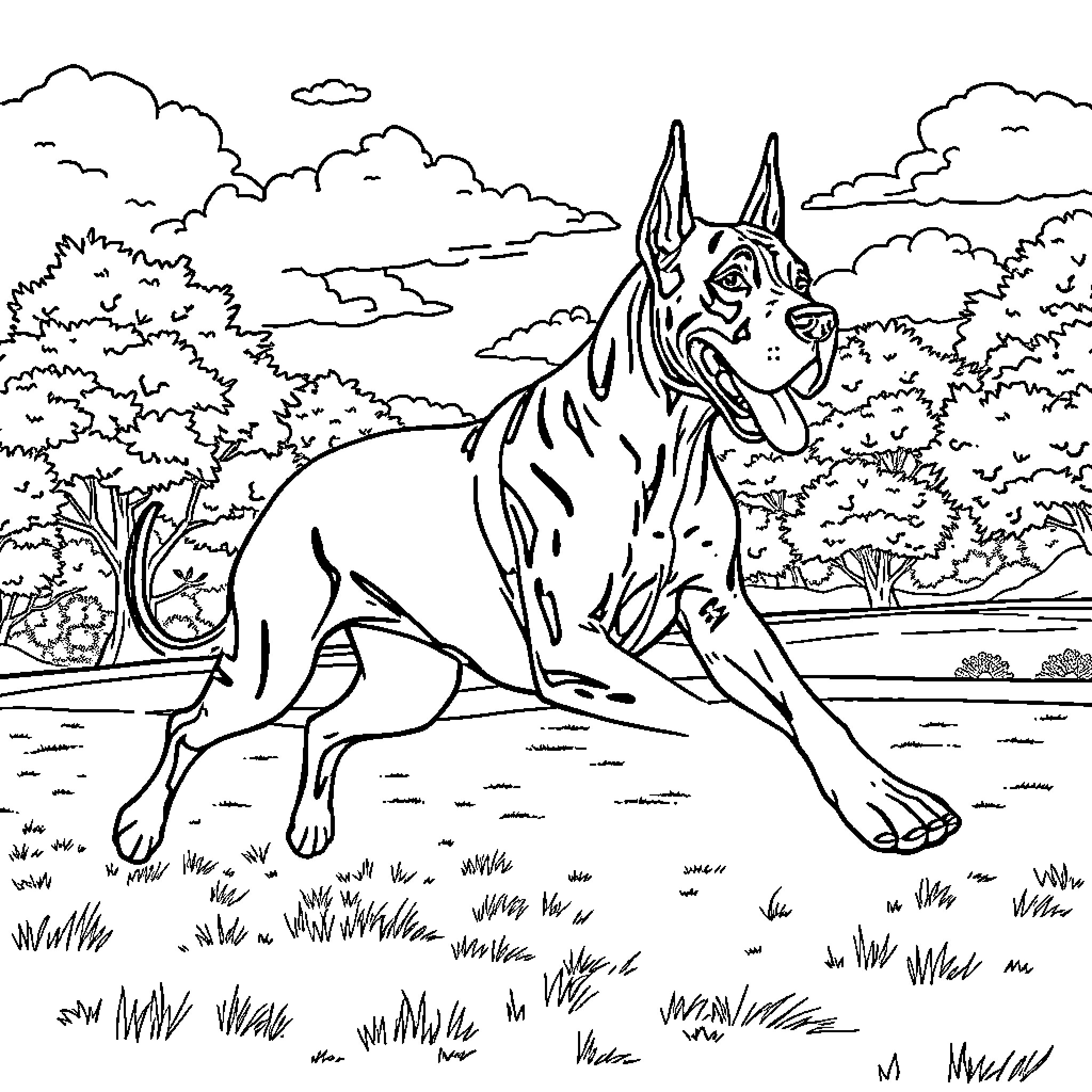 Great Dane enjoying outdoor adventure Coloring Page (free black-and-white line drawing printable PDF for all, from beginners to advanced learners, including children, teens, adults, and seniors)