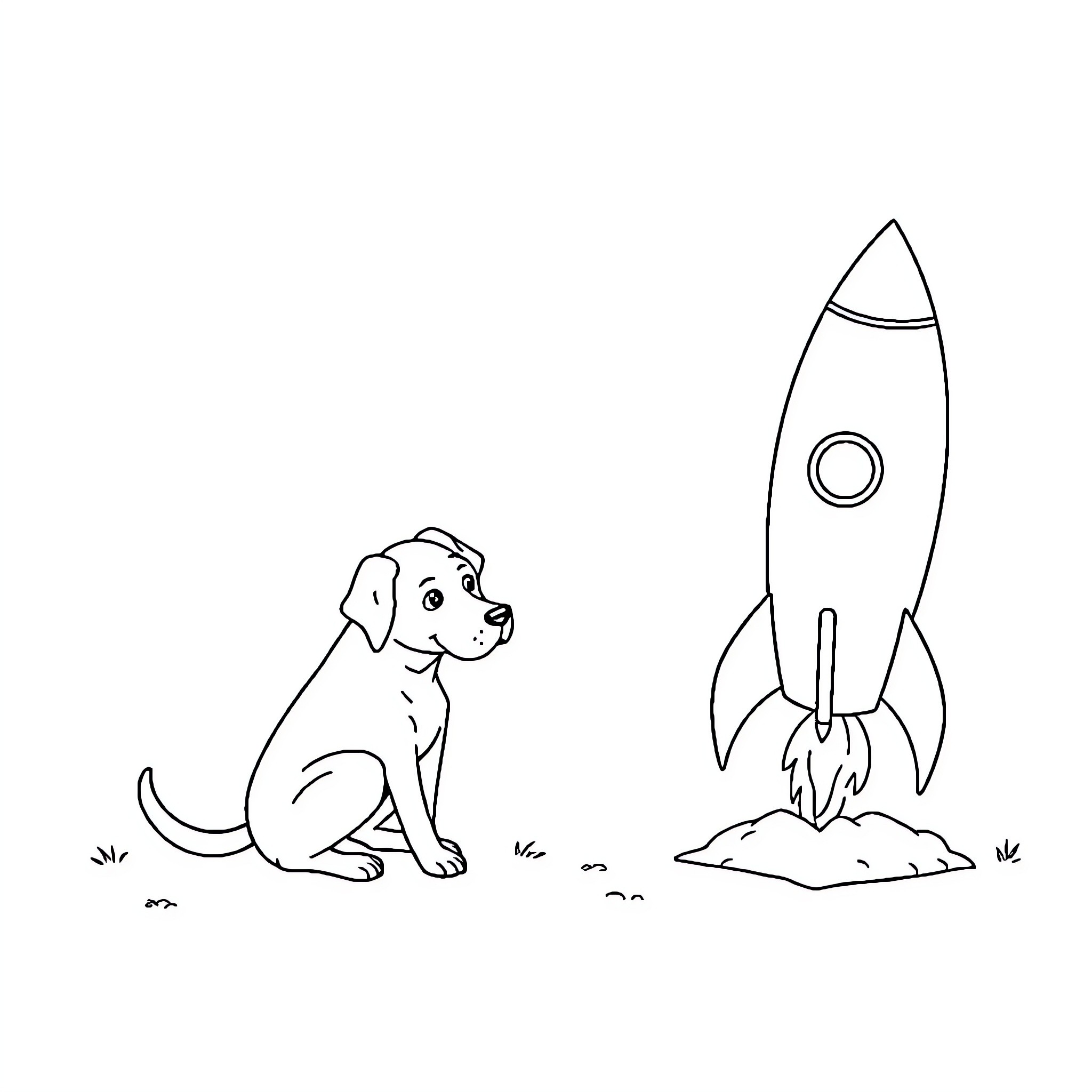 Dog exploring rocket ship on the moon Coloring Page (free black-and-white line drawing printable PDF for all, from beginners to advanced learners, including children, teens, adults, and seniors)