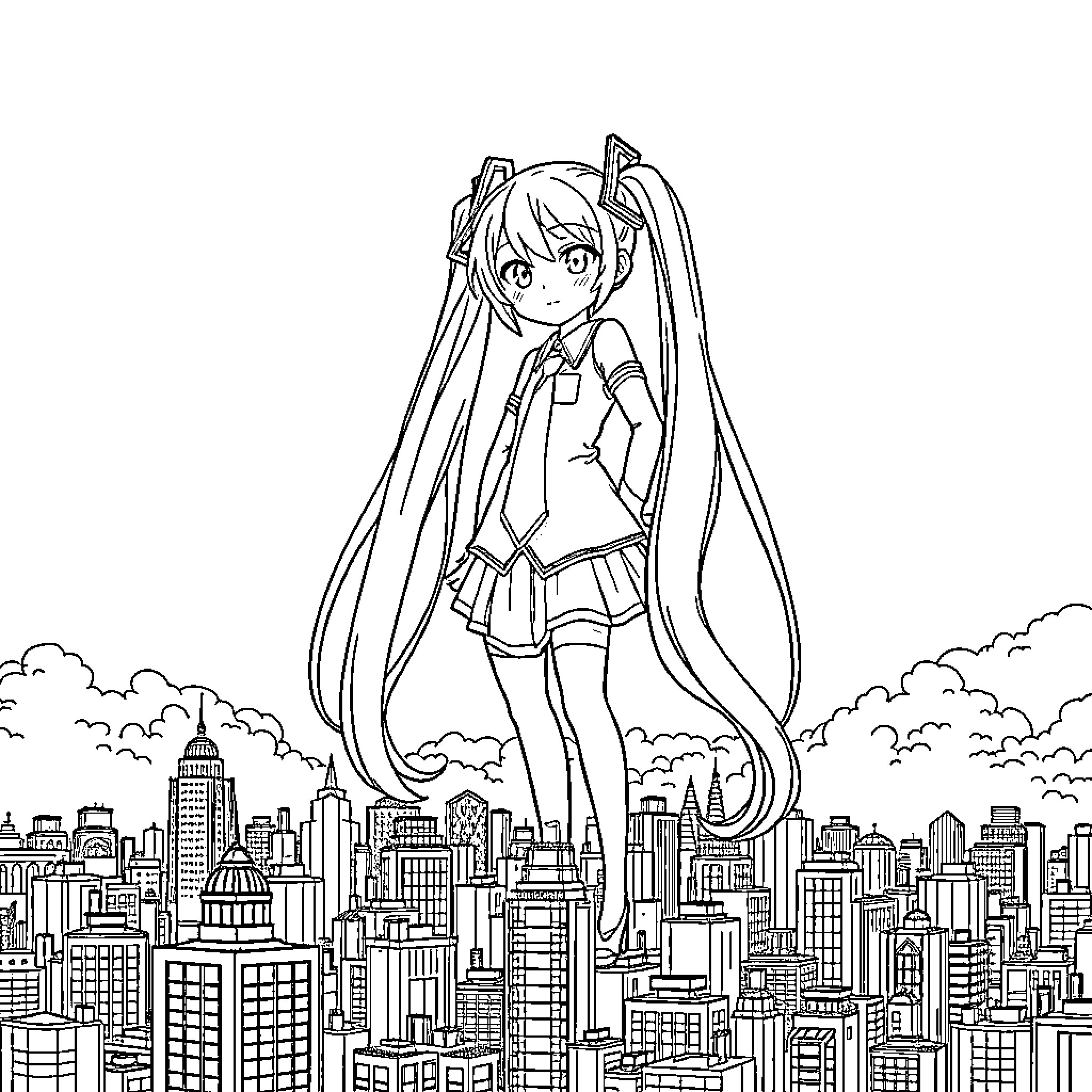 Hatsune Miku exploring the city skyline Coloring Page (free black-and-white line drawing printable PDF for all, from beginners to advanced learners, including children, teens, adults, and seniors)
