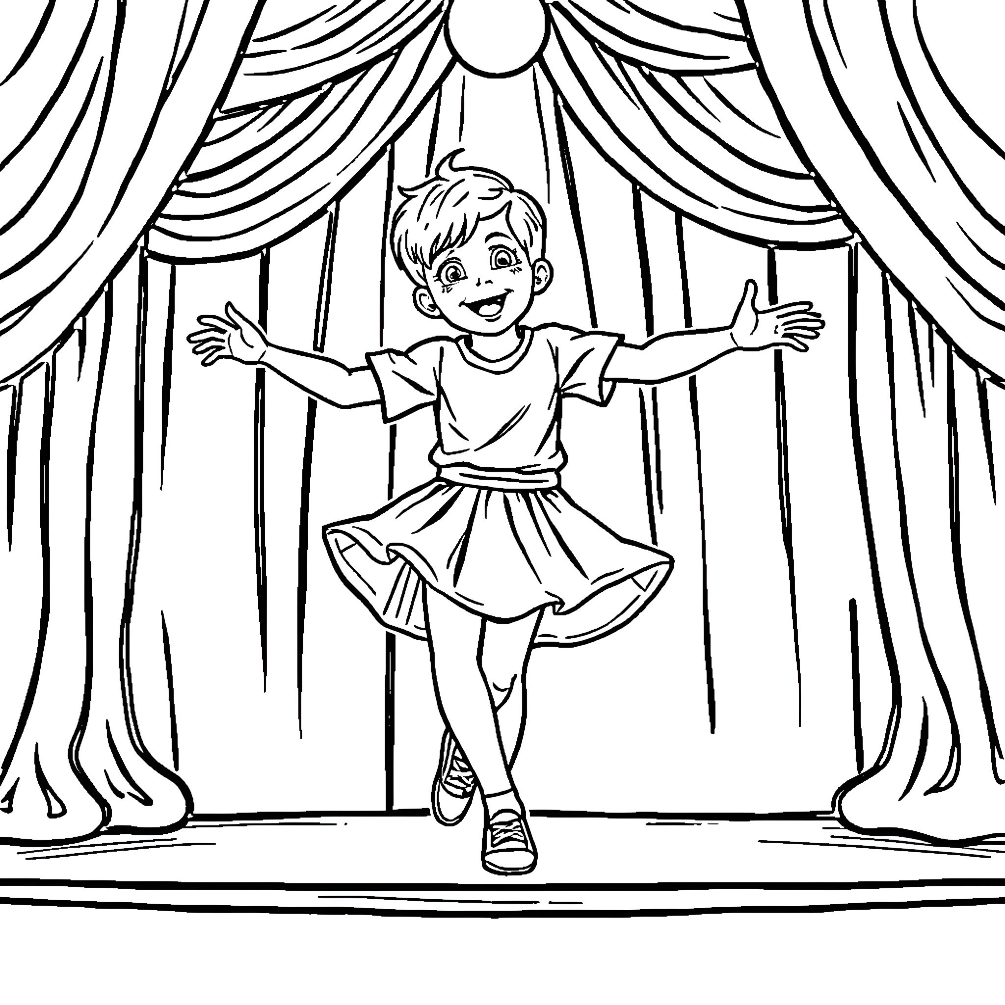 Dancer performing on stage with curtains Coloring Page (free black-and-white line drawing printable PDF for all, from beginners to advanced learners, including children, teens, adults, and seniors)