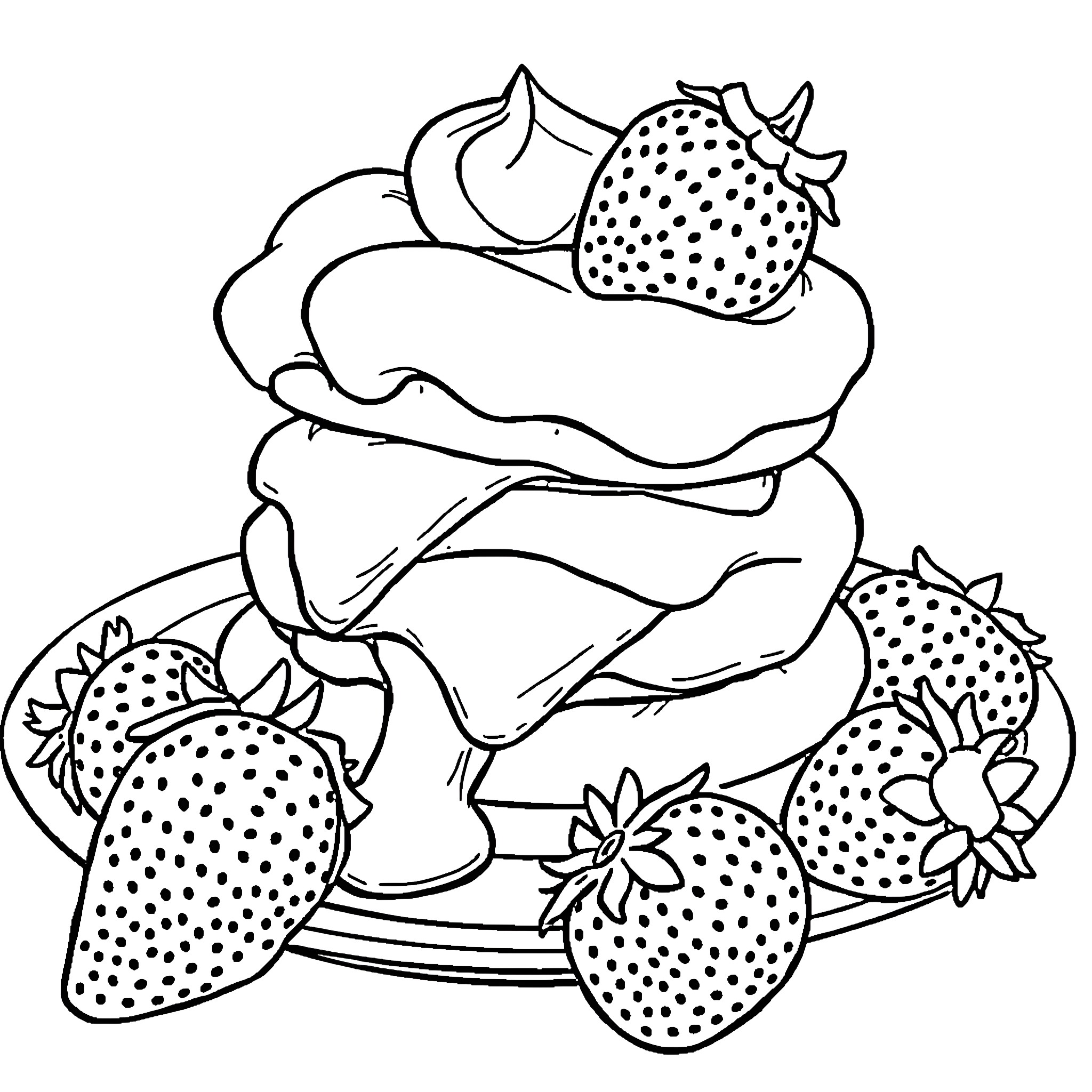 Strawberry Shortcake with Whipped Cream and Strawberries Coloring Page (free black-and-white line drawing printable PDF for all, from beginners to advanced learners, including children, teens, adults, and seniors)