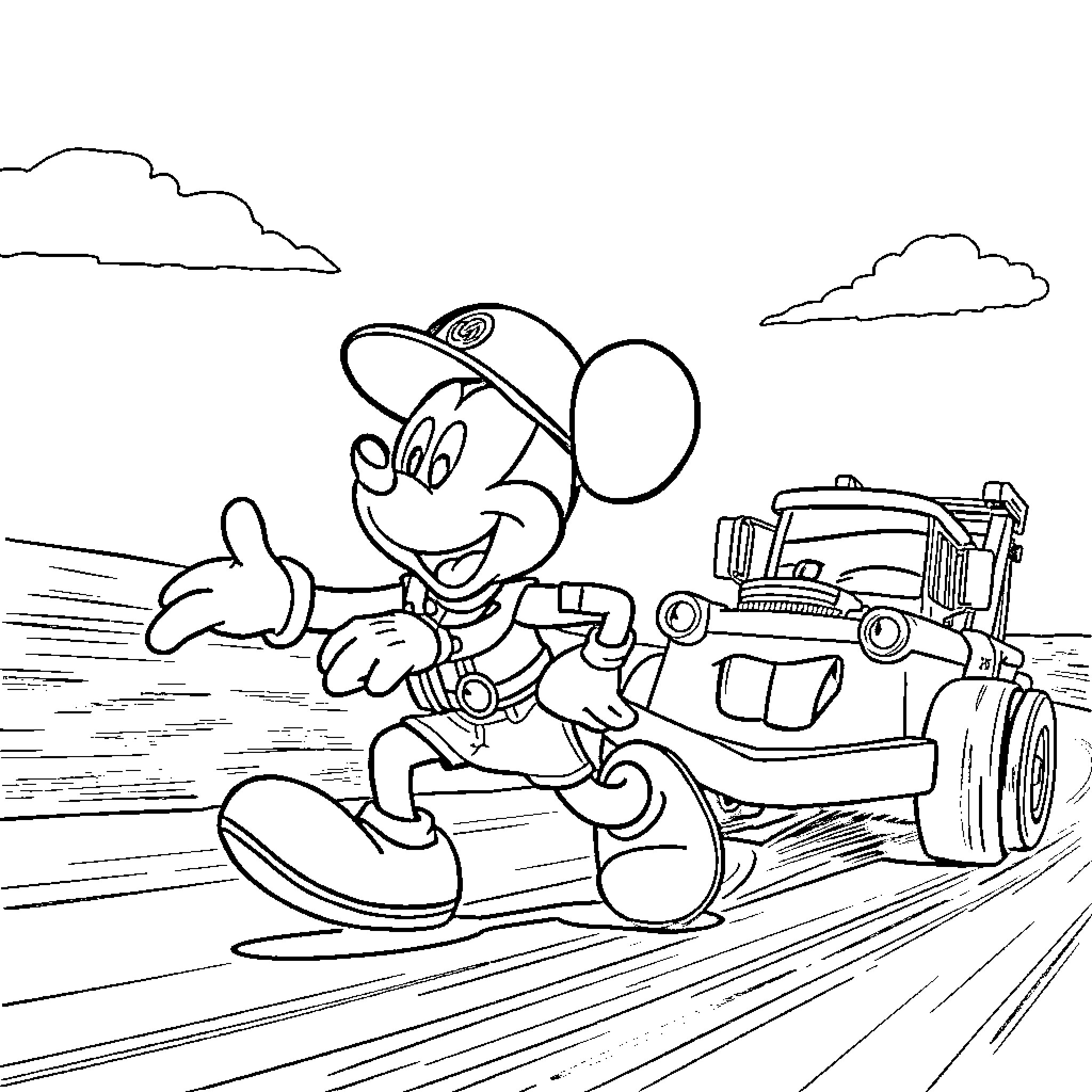 Mickey Mouse riding a bulldozer with excitement Coloring Page (free black-and-white line drawing printable PDF for all, from beginners to advanced learners, including children, teens, adults, and seniors)