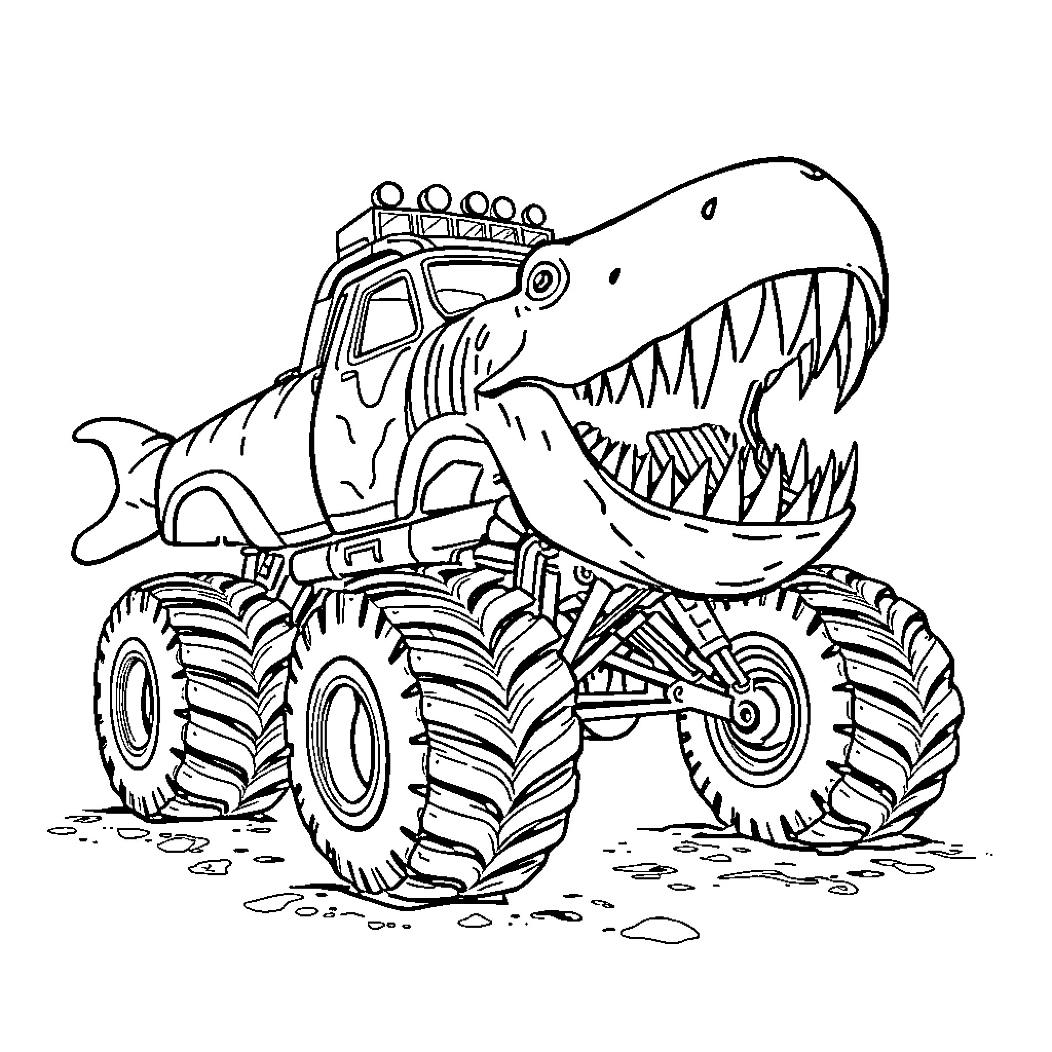 Megalodon Monster Truck Crushing the Ground Coloring Page (free black-and-white line drawing printable PDF for all, from beginners to advanced learners, including children, teens, adults, and seniors)