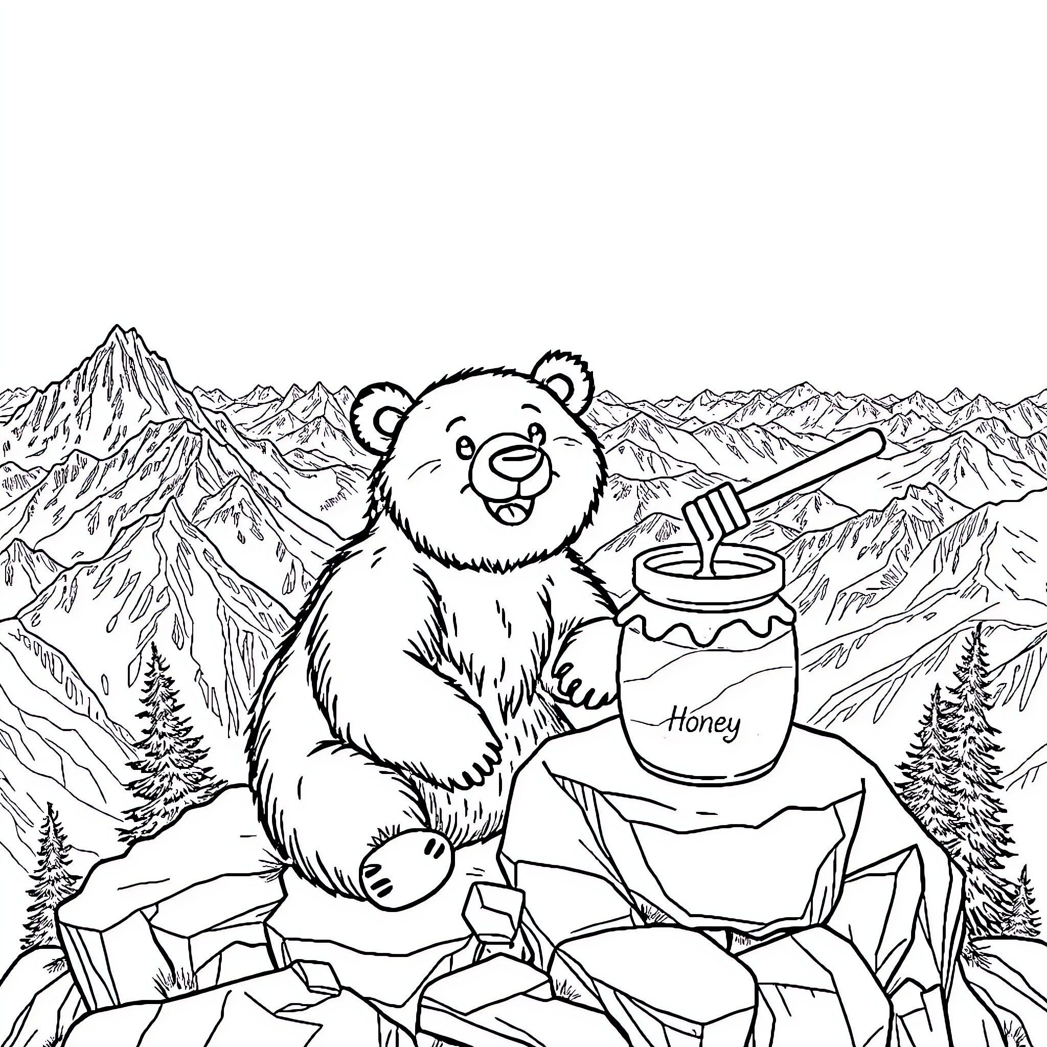 Bear enjoying honey in the mountains Coloring Page (free black-and-white line drawing printable PDF for all, from beginners to advanced learners, including children, teens, adults, and seniors)