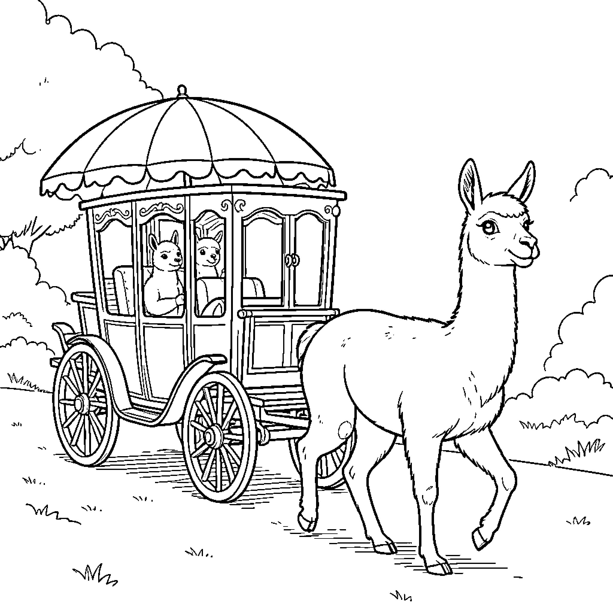 Carriage with passengers and llama on a rural landscape Coloring Page (free black-and-white line drawing printable PDF for all, from beginners to advanced learners, including children, teens, adults, and seniors)