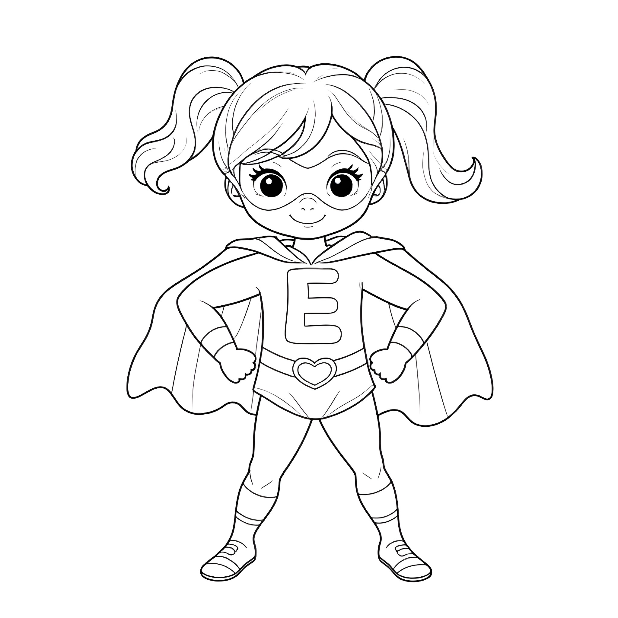 Superhero Girl in Costume Coloring Page (free black-and-white line drawing printable PDF for all, from beginners to advanced learners, including children, teens, adults, and seniors)