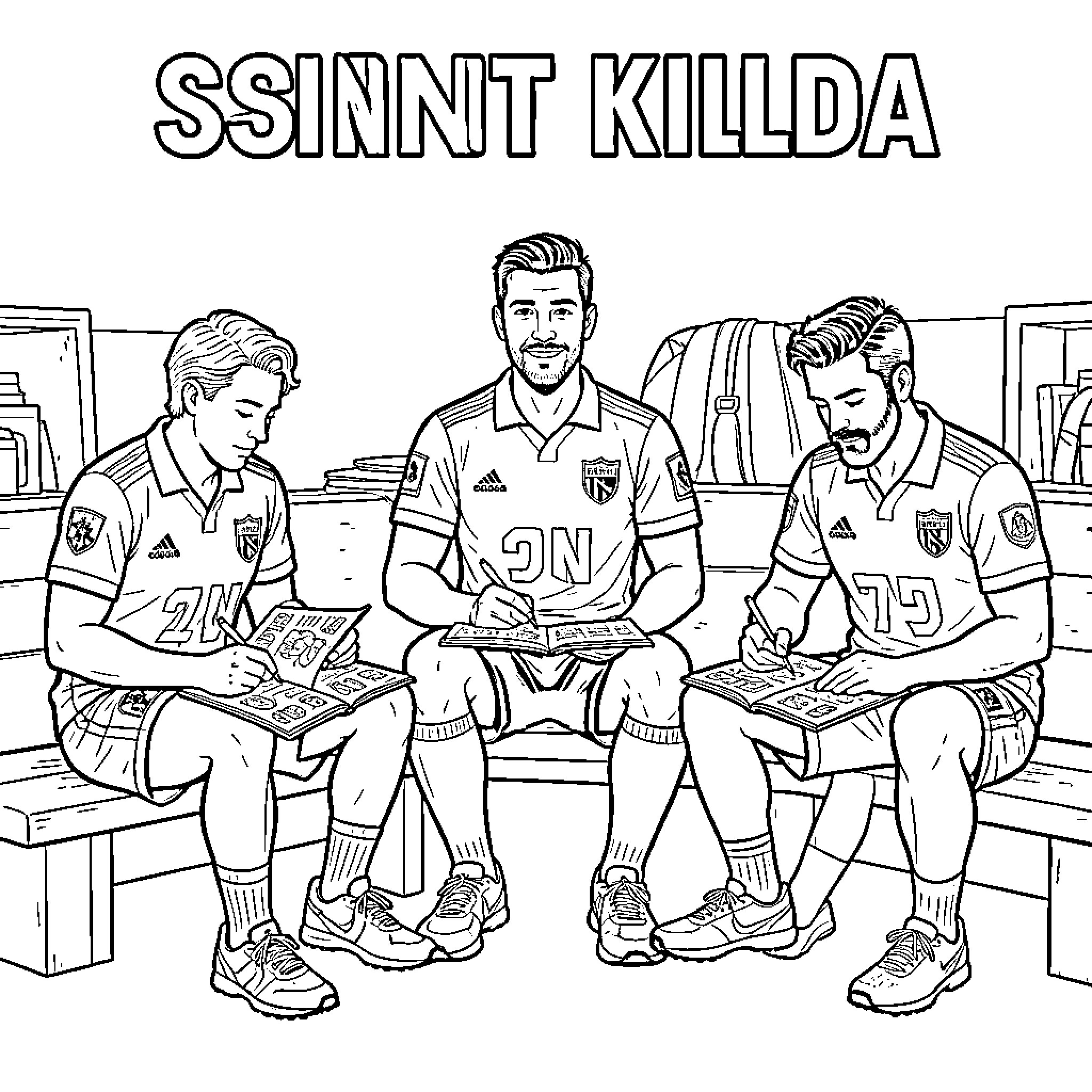 Saint Kilda Saints players signing autographs for fans Coloring Page (free black-and-white line drawing printable PDF for all, from beginners to advanced learners, including children, teens, adults, and seniors)