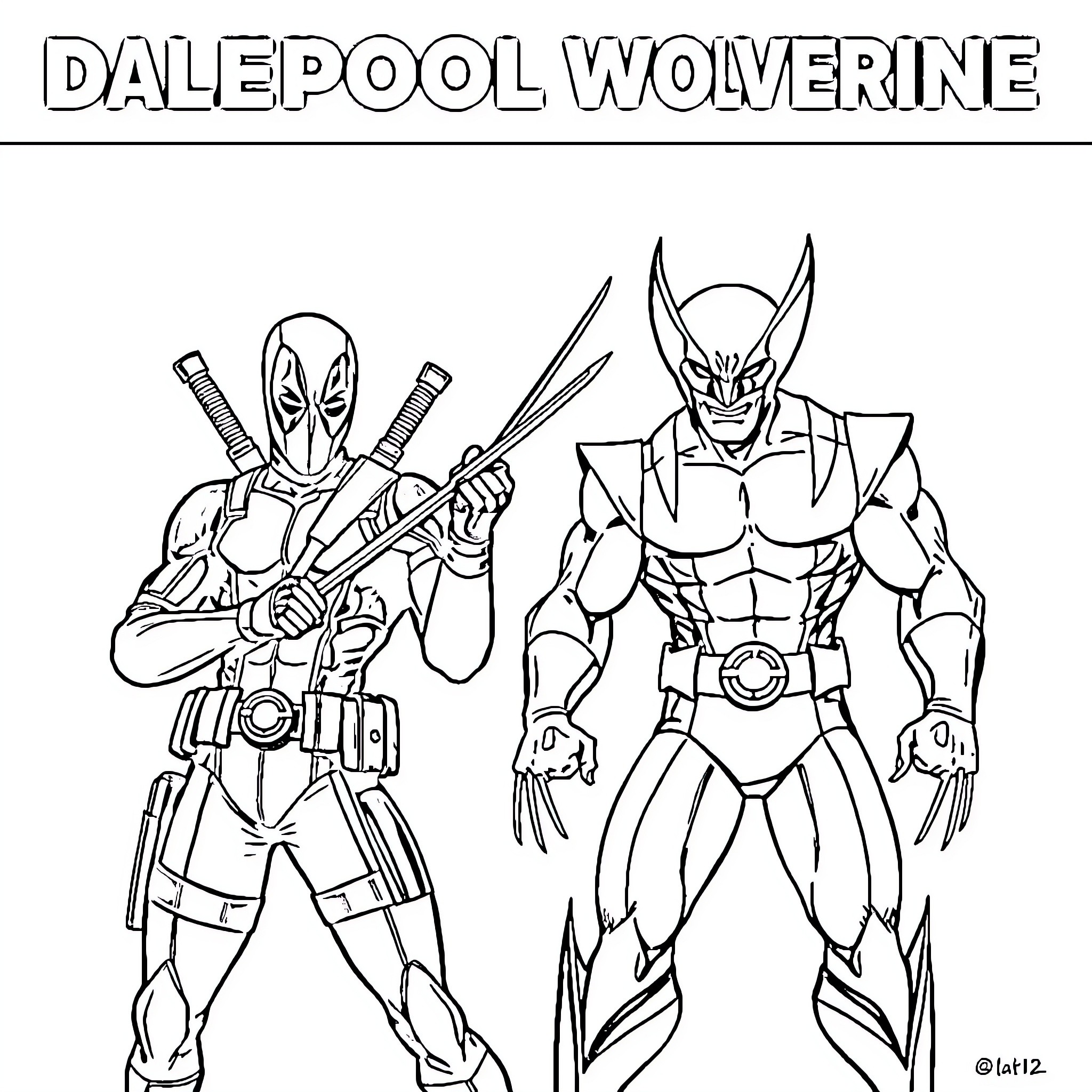 Deadpool and Wolverine in action poses Coloring Page (free black-and-white line drawing printable PDF for all, from beginners to advanced learners, including children, teens, adults, and seniors)