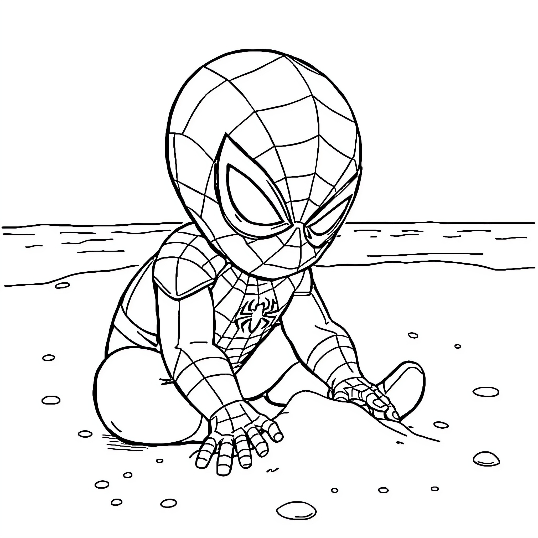 Spider-Man crouching on the ground in action pose Coloring Page (free black-and-white line drawing printable PDF for all, from beginners to advanced learners, including children, teens, adults, and seniors)