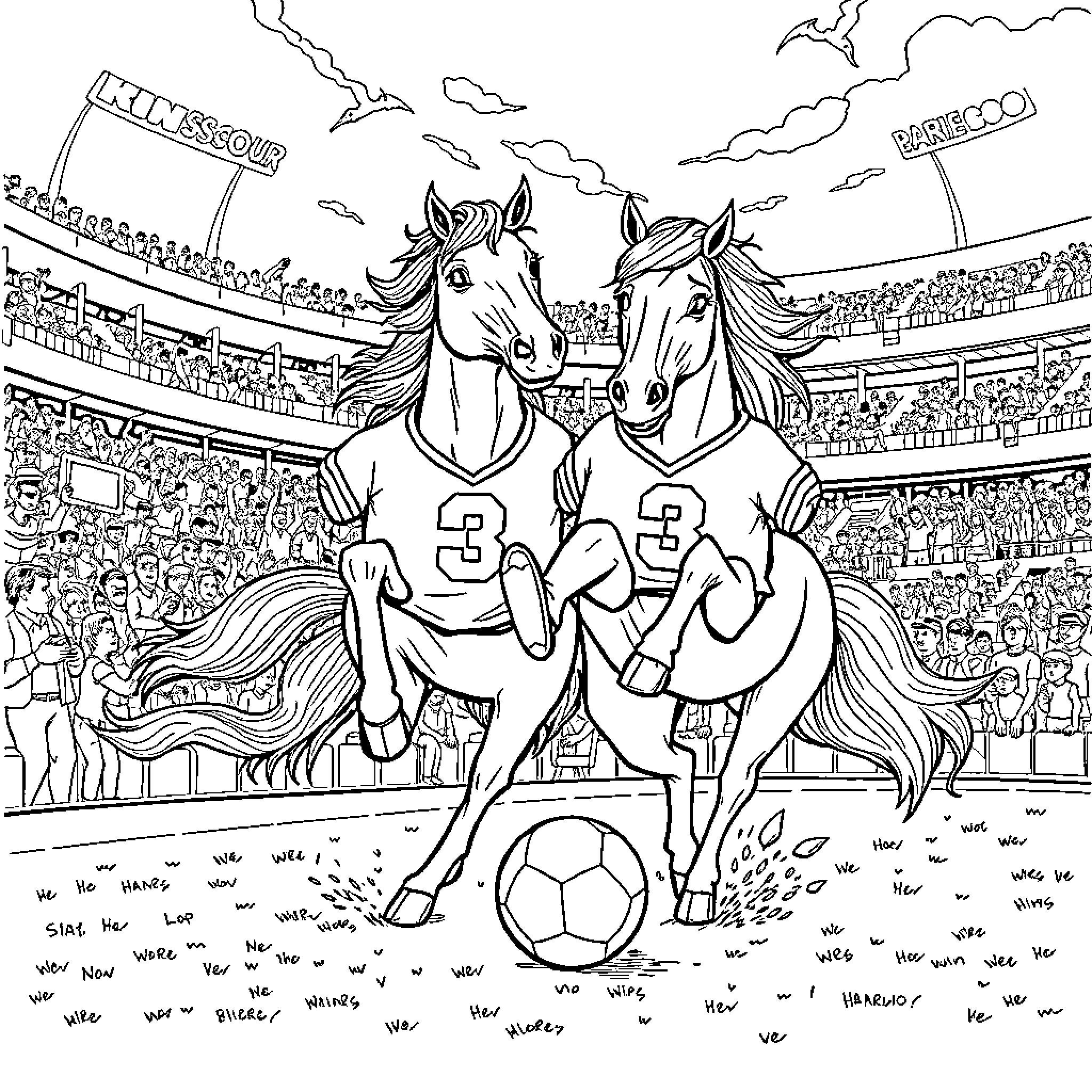 Horses playing soccer in a stadium Coloring Page (free black-and-white line drawing printable PDF for all, from beginners to advanced learners, including children, teens, adults, and seniors)