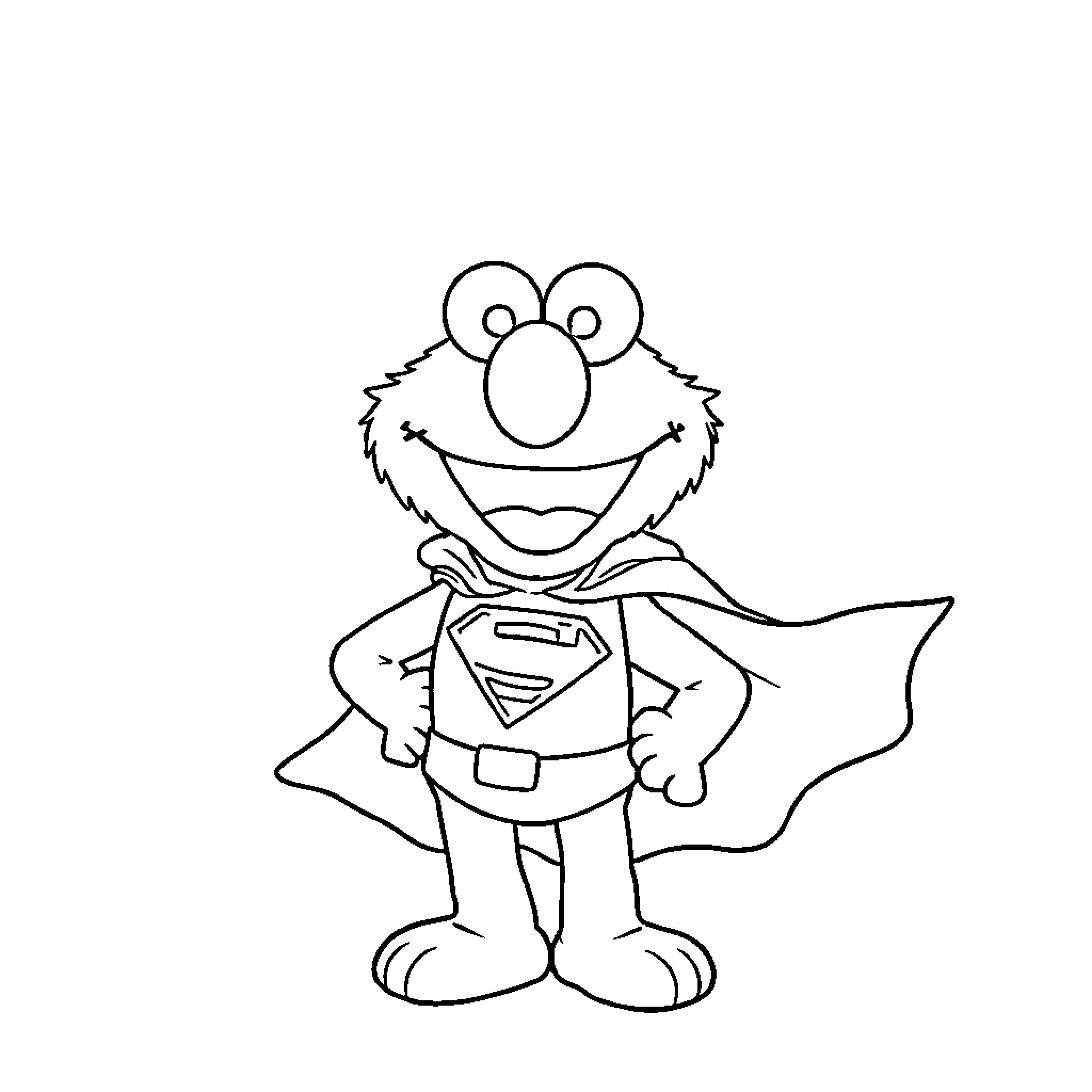 Elmo as a Superhero with Cape Coloring Page (free black-and-white line drawing printable PDF for all, from beginners to advanced learners, including children, teens, adults, and seniors)