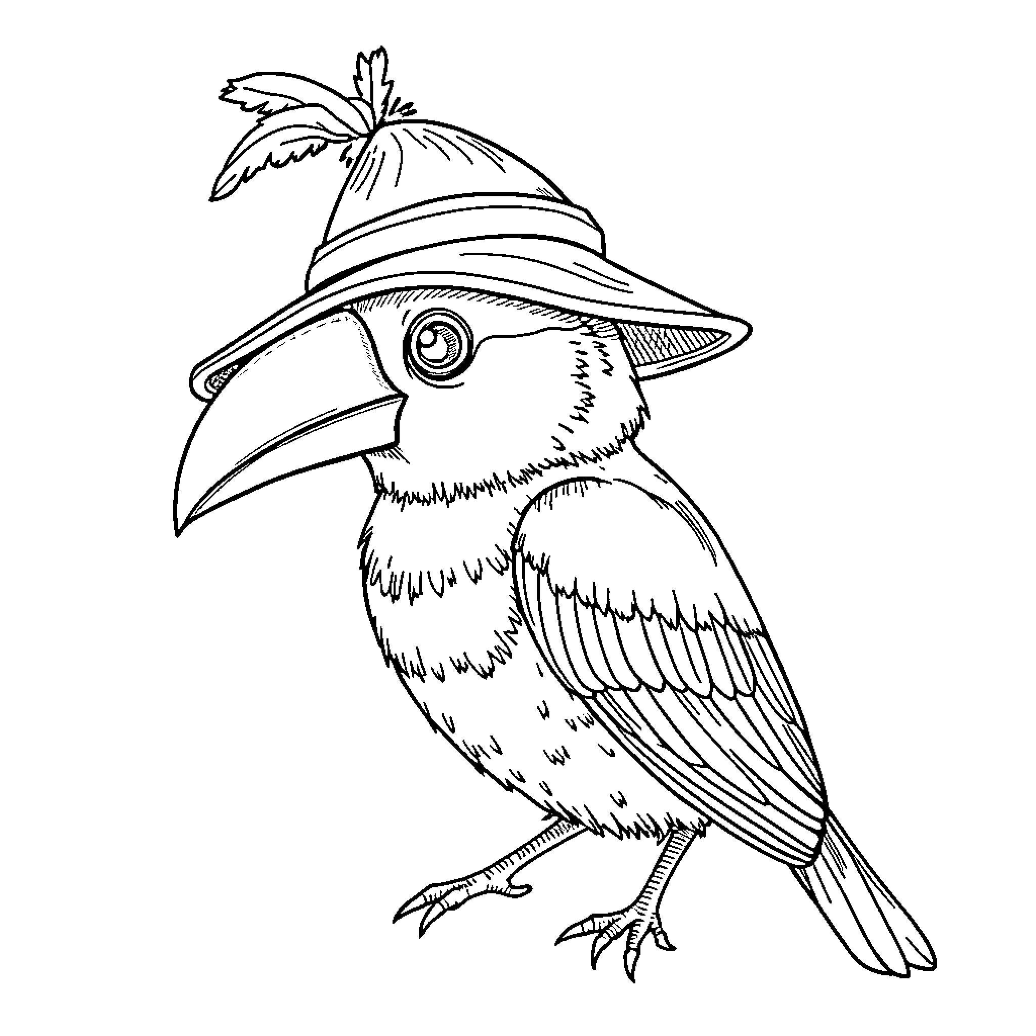Bird wearing a tropical hat Coloring Page (free black-and-white line drawing printable PDF for all, from beginners to advanced learners, including children, teens, adults, and seniors)