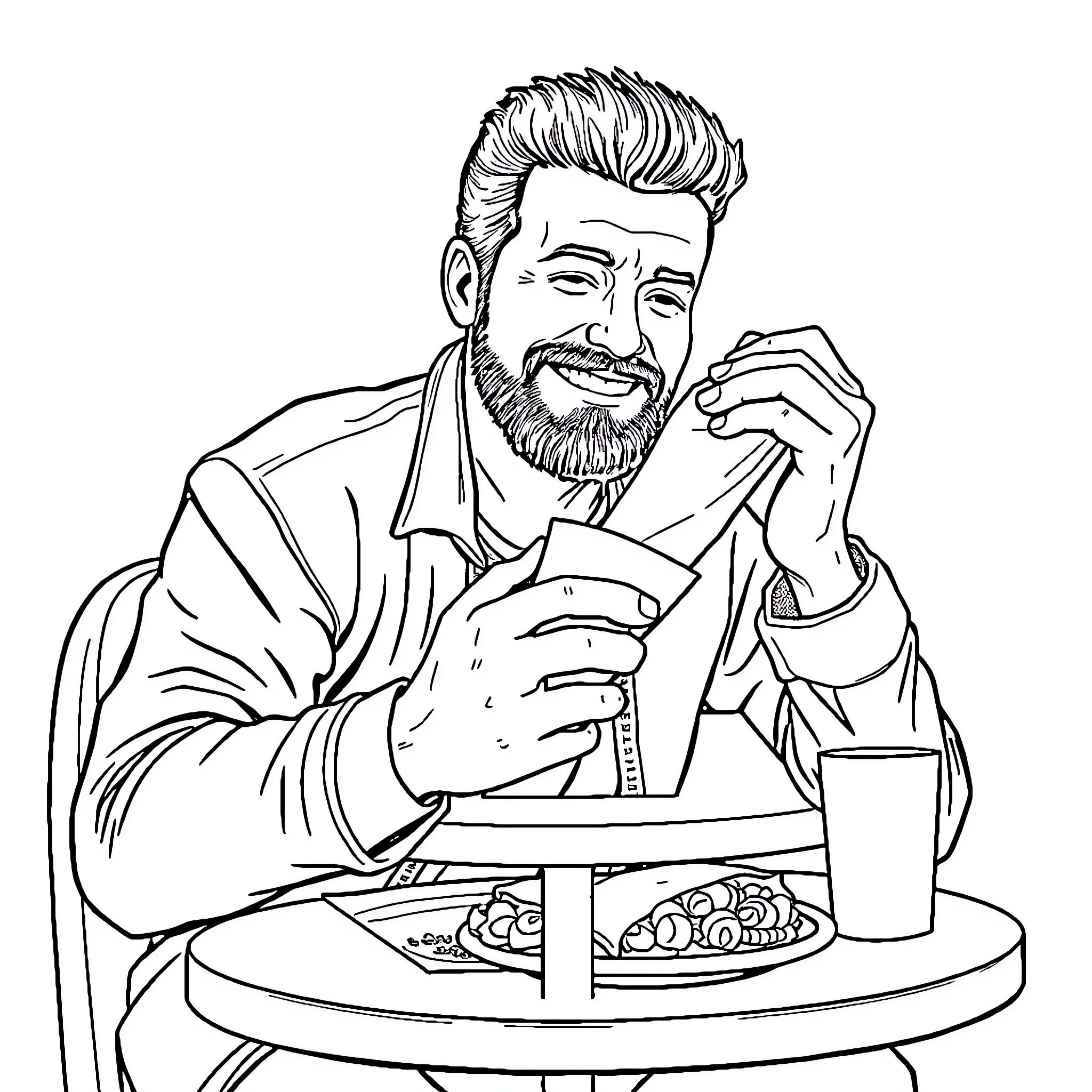 George Michael Enjoying a Meal at the Diner Coloring Page (free black-and-white line drawing printable PDF for all, from beginners to advanced learners, including children, teens, adults, and seniors)