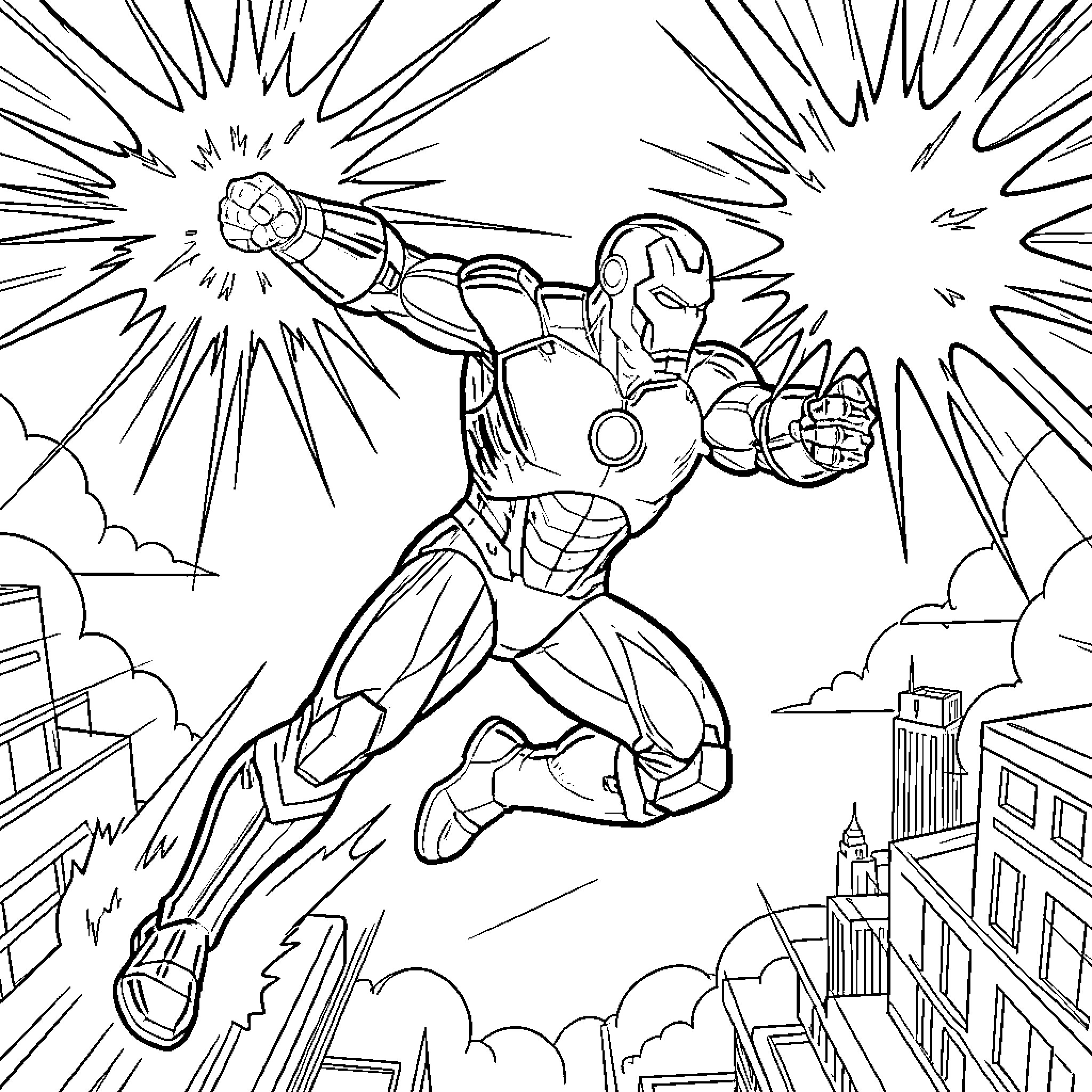 Ironman taking action in the city Coloring Page (free black-and-white line drawing printable PDF for all, from beginners to advanced learners, including children, teens, adults, and seniors)