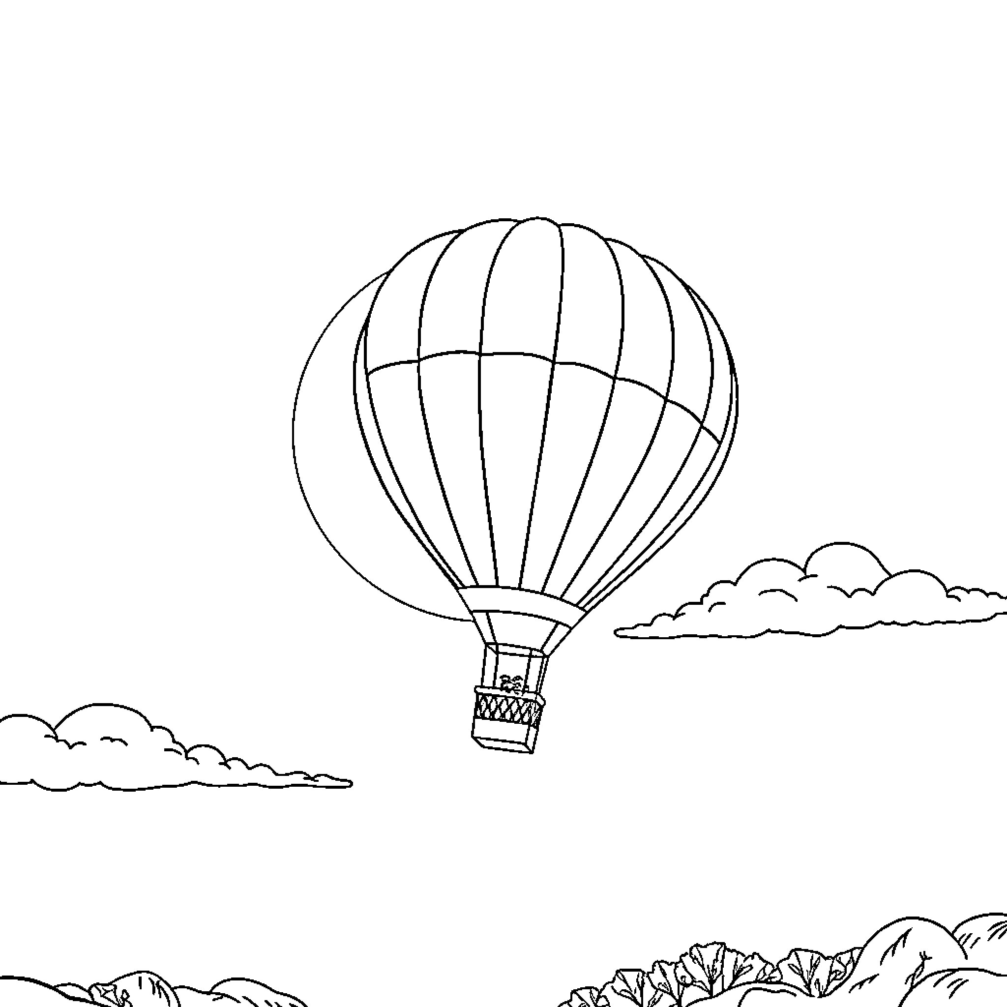 Hot Air Balloon Floating Above the Clouds Coloring Page (free black-and-white line drawing printable PDF for all, from beginners to advanced learners, including children, teens, adults, and seniors)