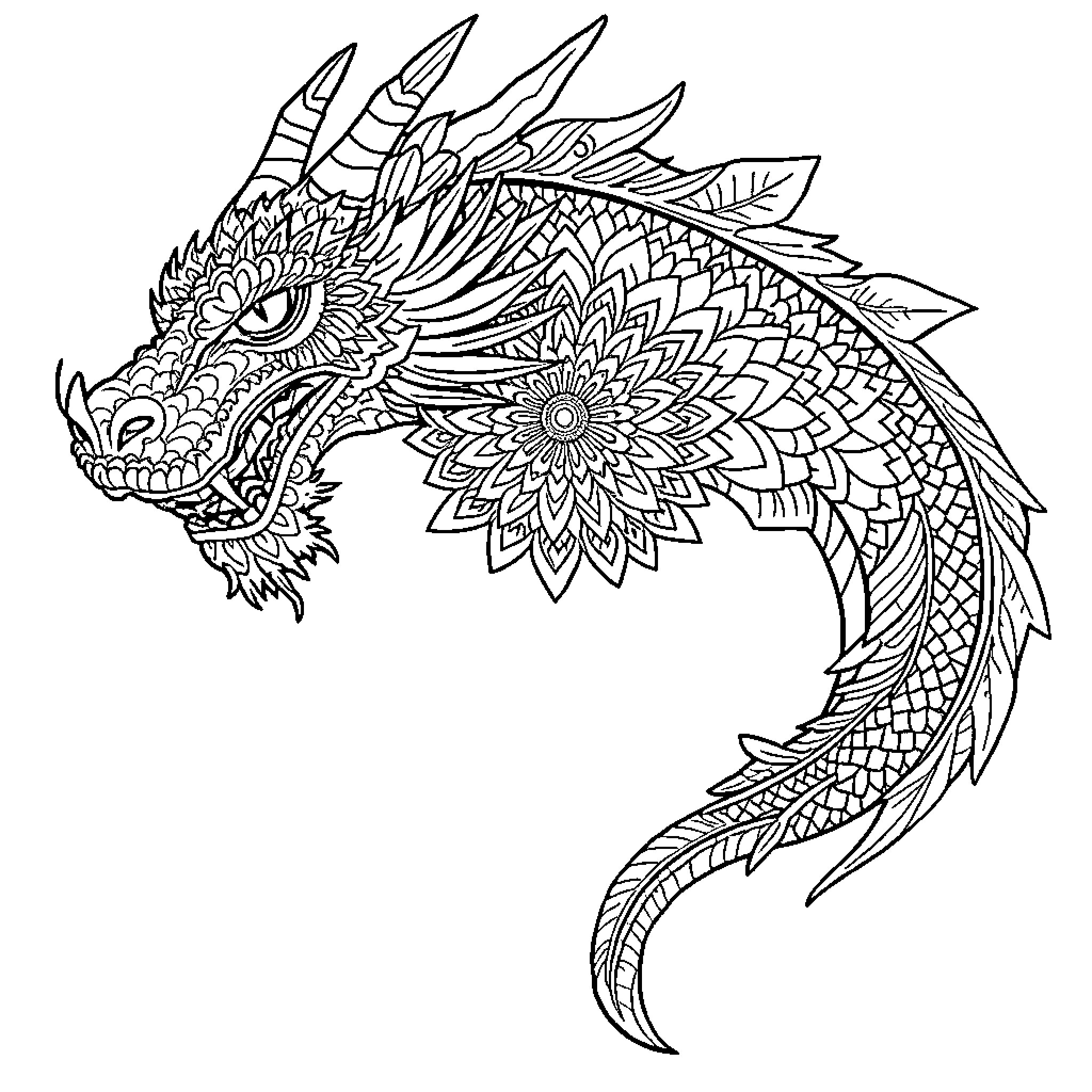Dragon in Ornate Floral Design Coloring Page (free black-and-white line drawing printable PDF for all, from beginners to advanced learners, including children, teens, adults, and seniors)