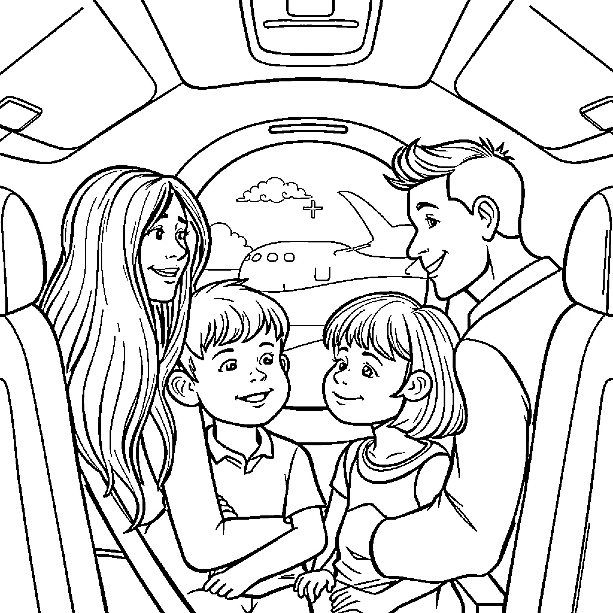 Family Enjoying Road Trip with Scenic View Coloring Page (free black-and-white line drawing printable PDF for all, from beginners to advanced learners, including children, teens, adults, and seniors)