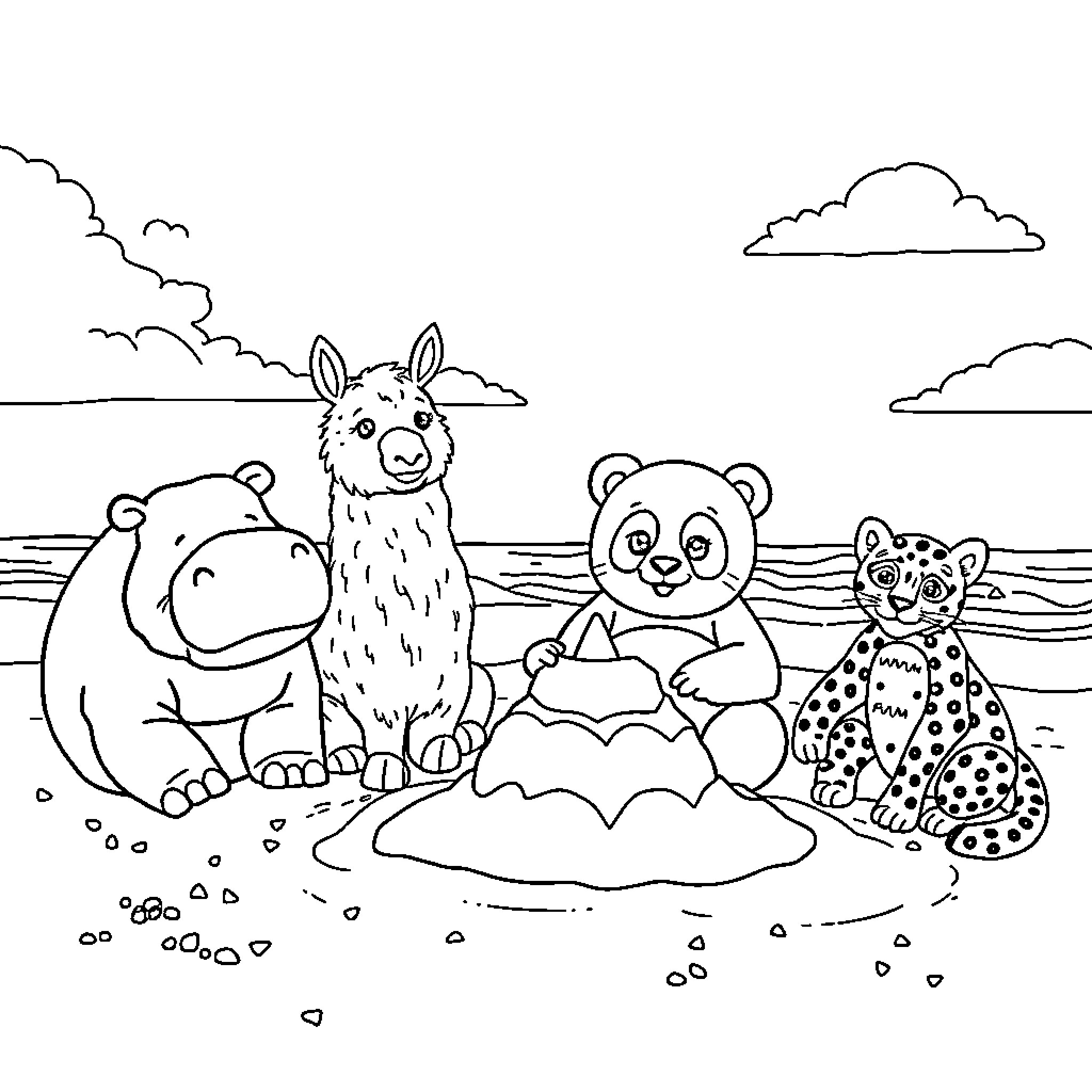 Animal friends enjoying the outdoors together Coloring Page (free black-and-white line drawing printable PDF for all, from beginners to advanced learners, including children, teens, adults, and seniors)