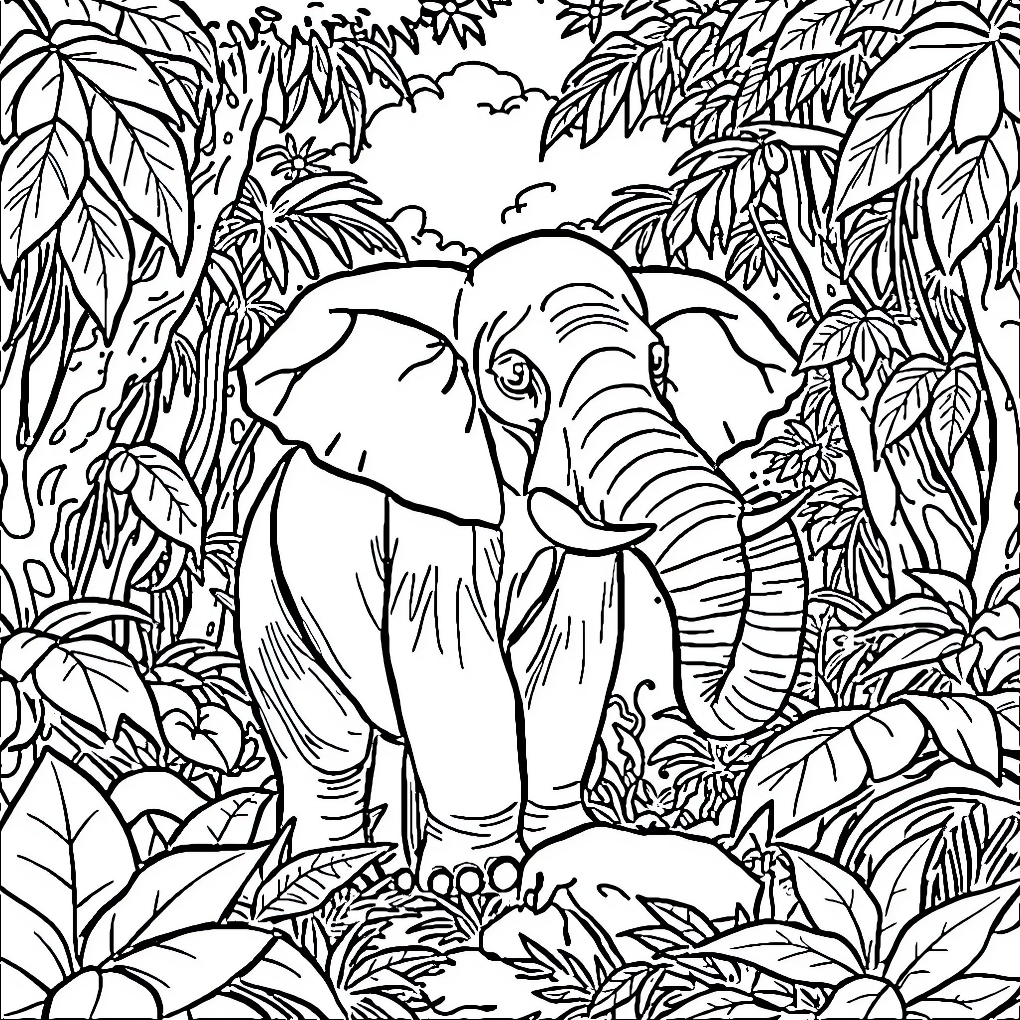 Elephant in Lush Jungle Landscape Coloring Page (free black-and-white line drawing printable PDF for all, from beginners to advanced learners, including children, teens, adults, and seniors)