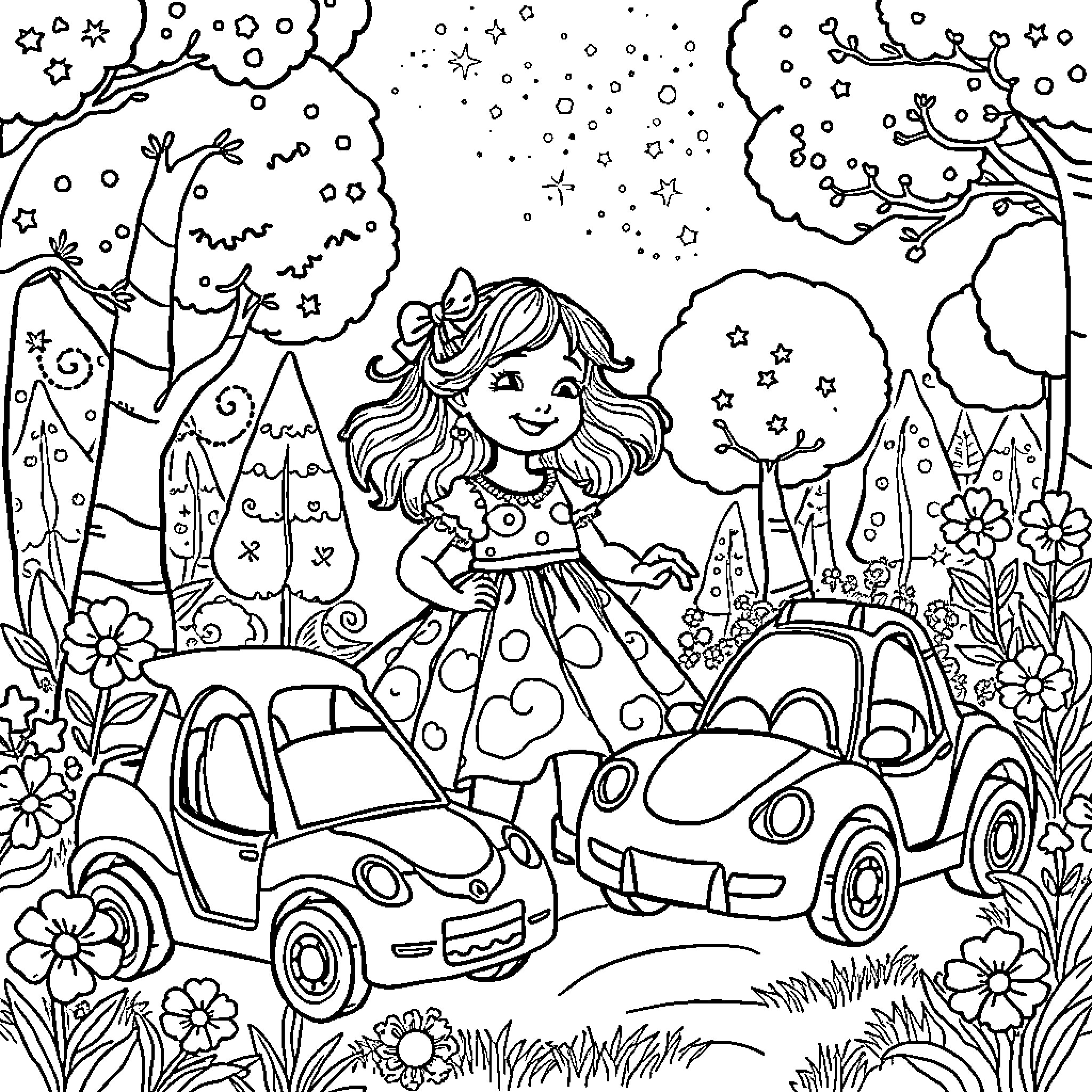 Girl in a whimsical fantasy scene with car Coloring Page (free black-and-white line drawing printable PDF for all, from beginners to advanced learners, including children, teens, adults, and seniors)
