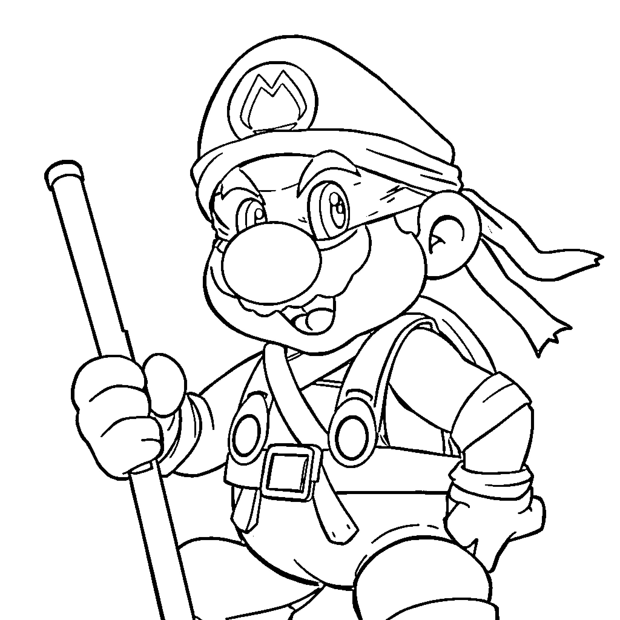 Mario in Action with Pipe and Overalls Coloring Page (free black-and-white line drawing printable PDF for all, from beginners to advanced learners, including children, teens, adults, and seniors)