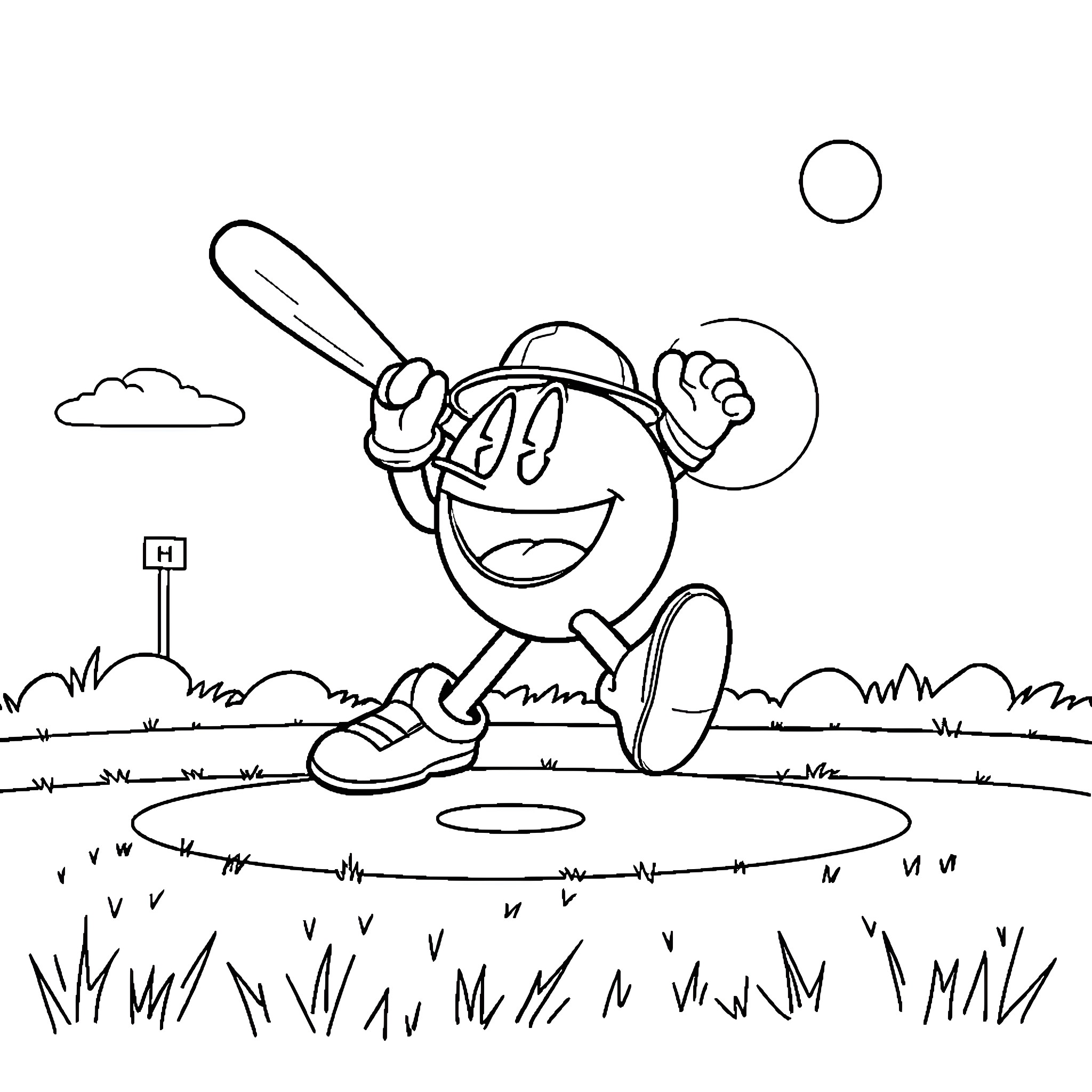Pacman character baseball batting in the field Coloring Page (free black-and-white line drawing printable PDF for all, from beginners to advanced learners, including children, teens, adults, and seniors)