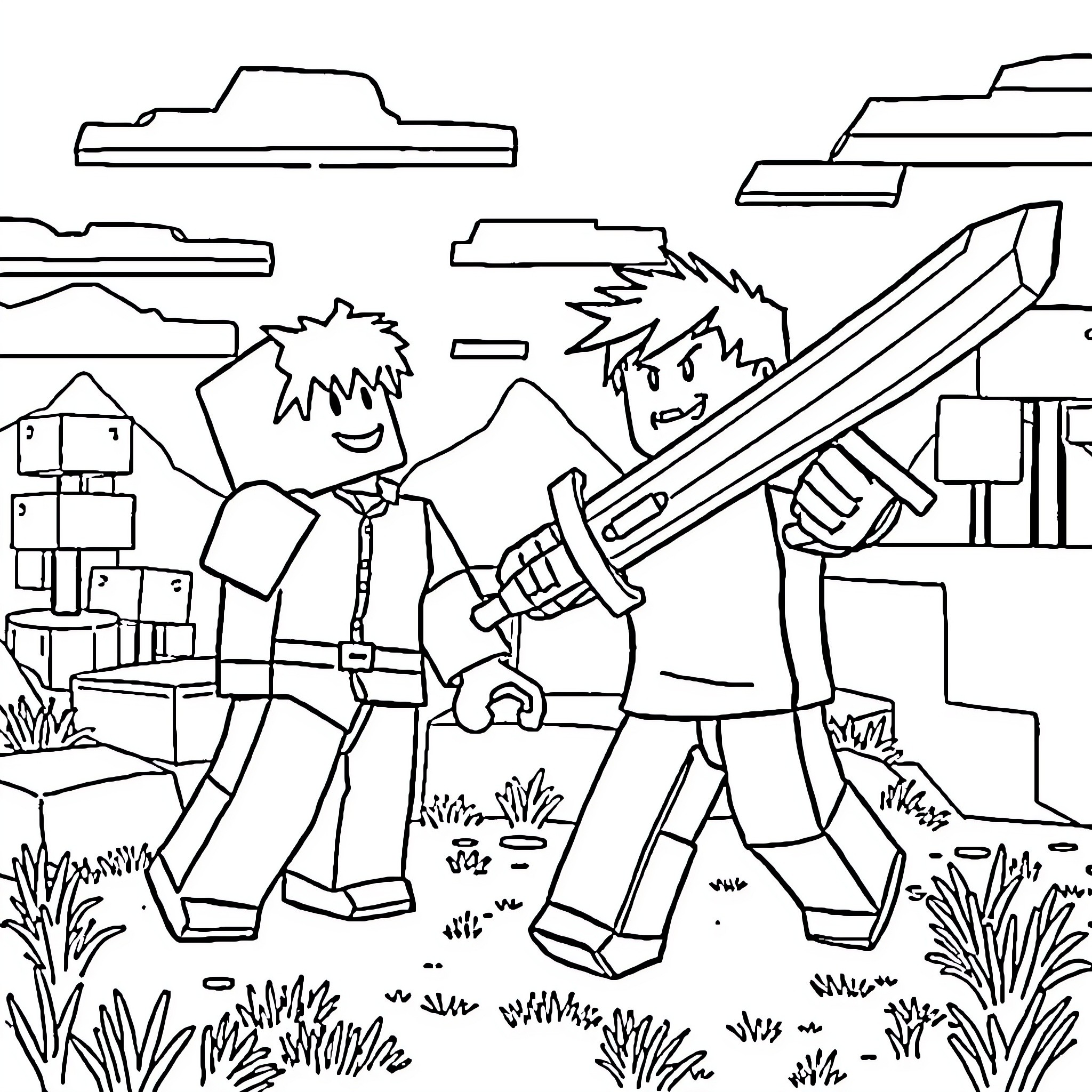 Roblox Noobs on an Adventure Coloring Page (free black-and-white line drawing printable PDF for all, from beginners to advanced learners, including children, teens, adults, and seniors)
