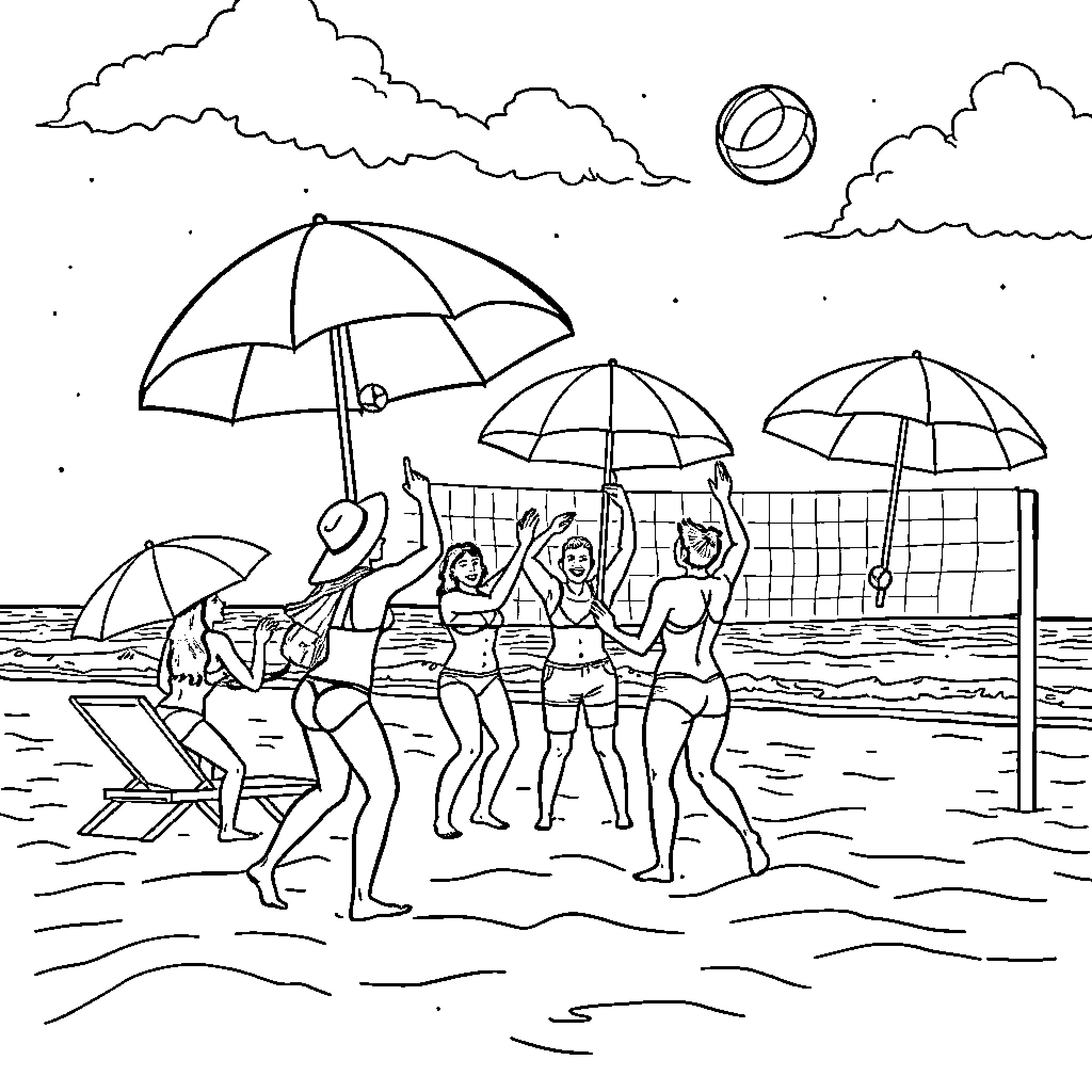 Brain Rot: Group of people frolicking at the beach Coloring Page (free black-and-white line drawing printable PDF for all, from beginners to advanced learners, including children, teens, adults, and seniors)