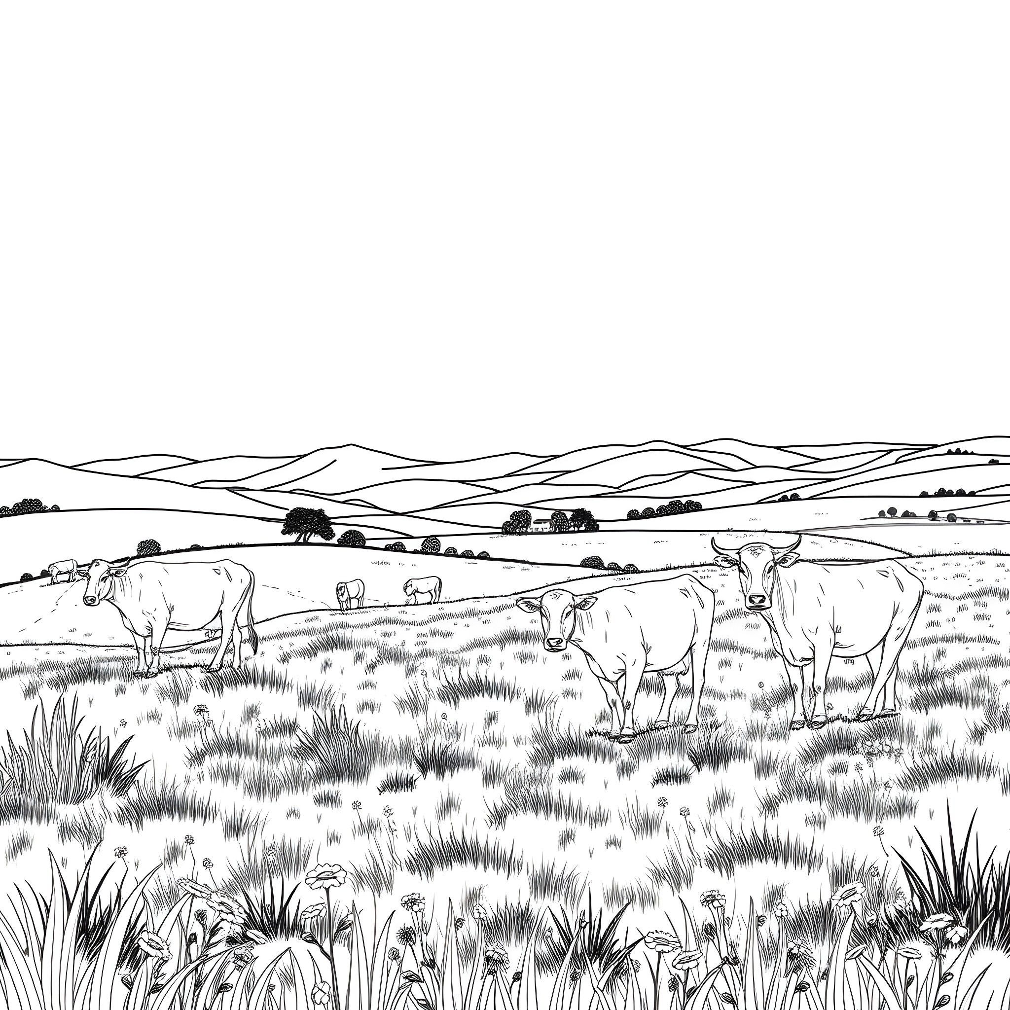 Cows grazing peacefully in a scenic countryside landscape Coloring Page (free black-and-white line drawing printable PDF for all, from beginners to advanced learners, including children, teens, adults, and seniors)